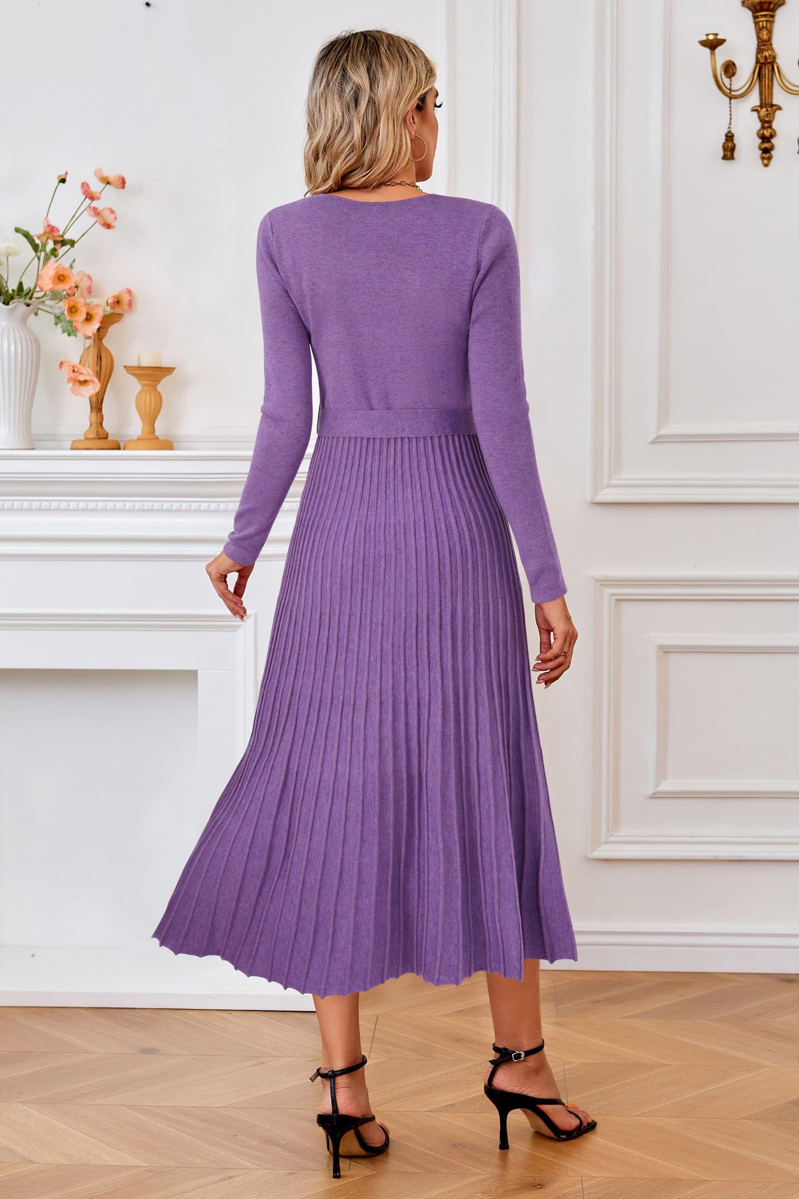Arach&Cloz Strickkleid Damen Pulloverkleid Herbst Winterkleid Lang Plissee V-Ausschnitt Langarm Elegant Midi Kleider Winter