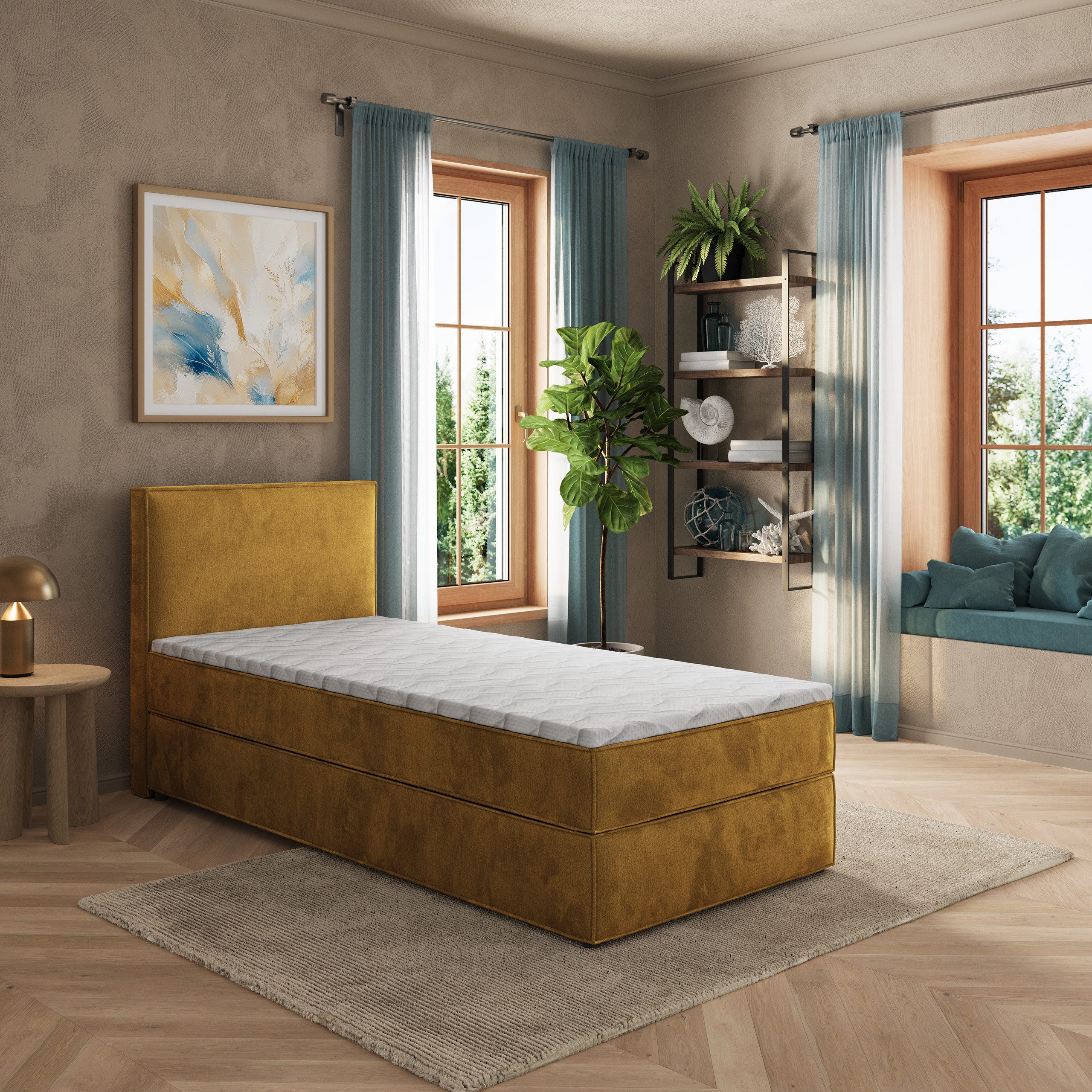 Masseno Boxbett PELLIO 80x200 cm mit Bonell Matratze und Topper, Einzelbett, Jugendbett, Polsterbett mit Kopfteil, Boxspringbett