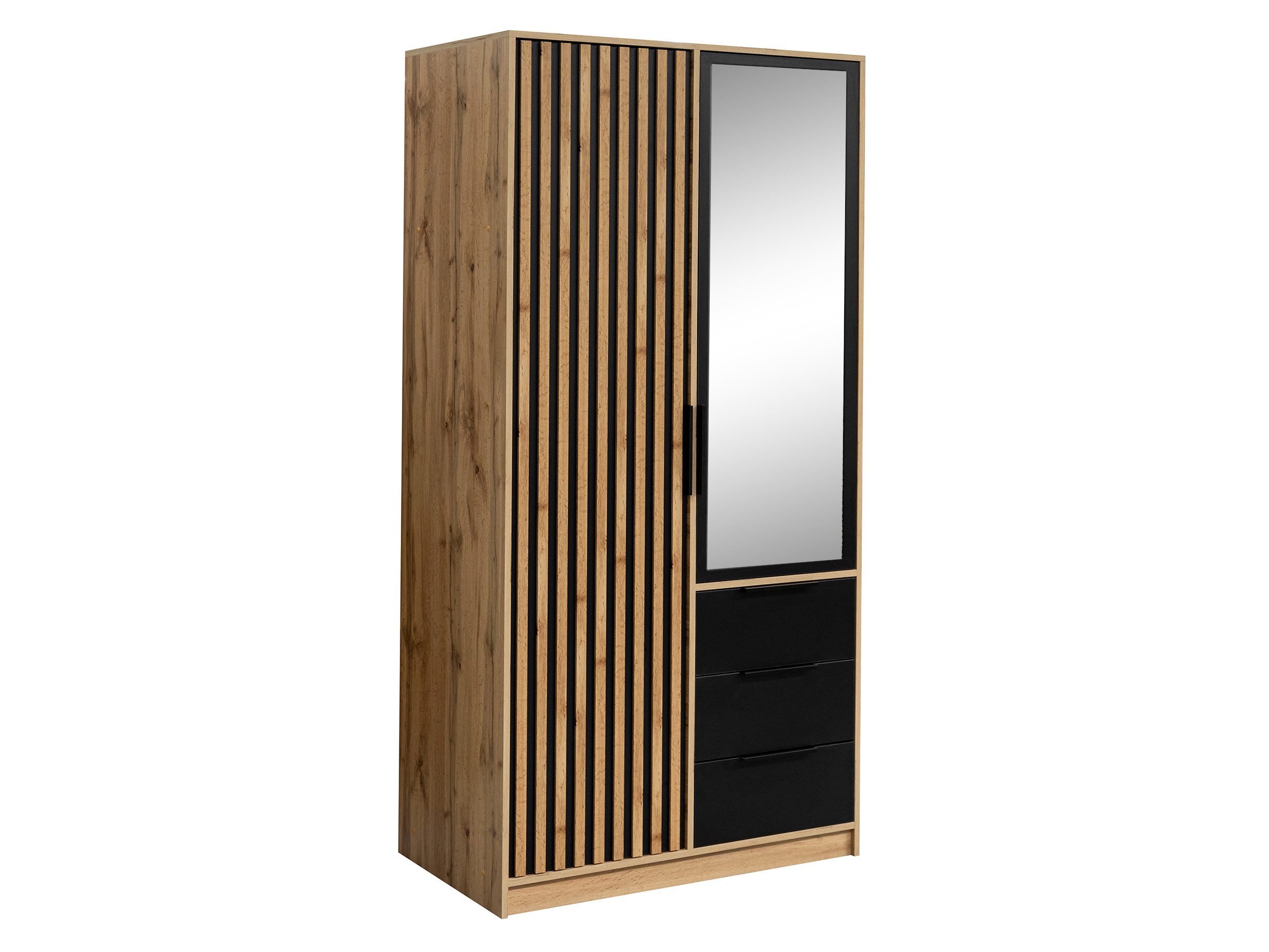 Beautysofa Drehtürenschrank BUENO LUX mit Kleiderstange, 3 Schubladen und 3 Ablagefächern (mit Lamellen und Spiegel, Erhältlich in zwei modernen Farbvarianten) Breite: 100 cm
