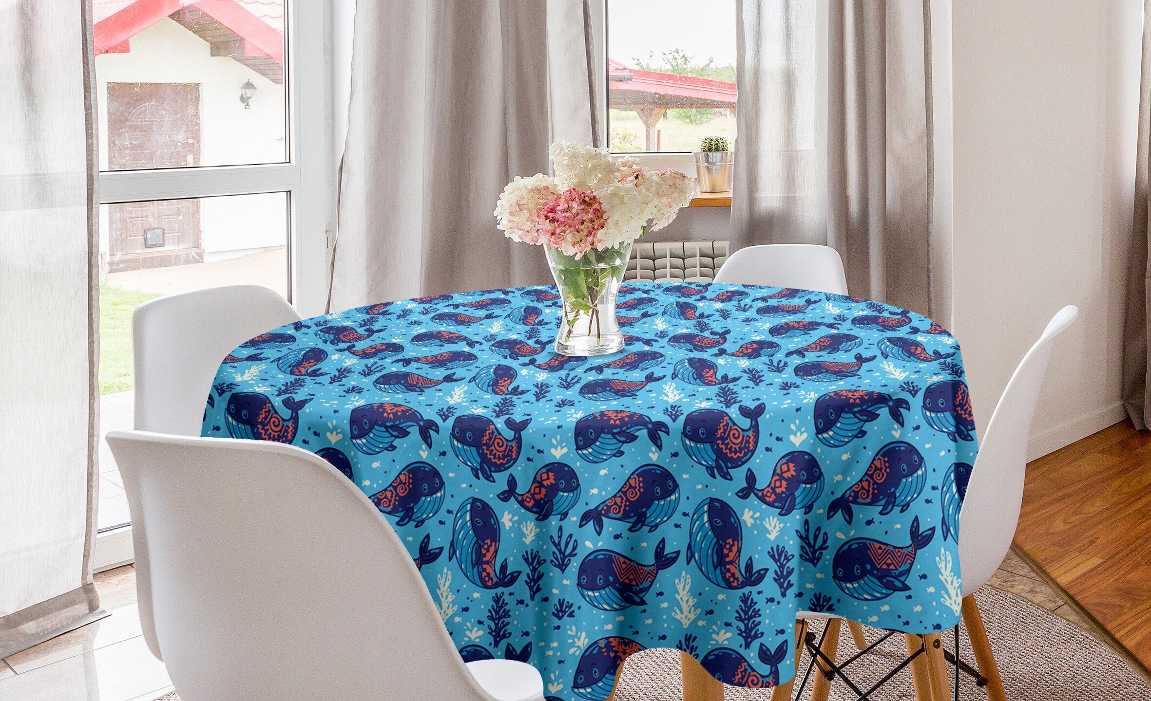 Abakuhaus Tischdecke Kreis Tischdecke Abdeckung für Esszimmer Küche Dekoration, Wasser Cartoon Marine Life Wale | Tischdecken