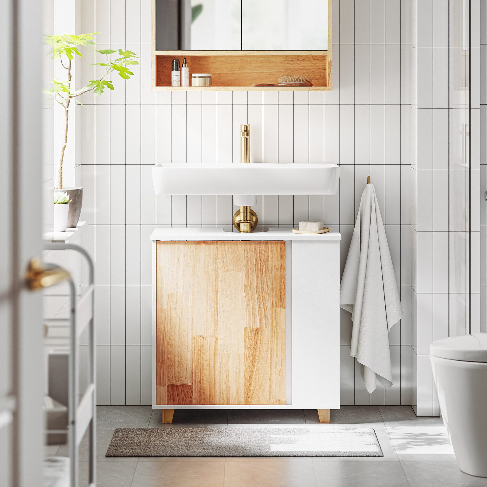 SoBuy Waschbeckenunterschrank BZR75, Waschbeckenunterschrank Waschtischunterschrank Badschrank Badmöbel mit 2 offene Fächer und 1 Tür – Bild 4 von 5