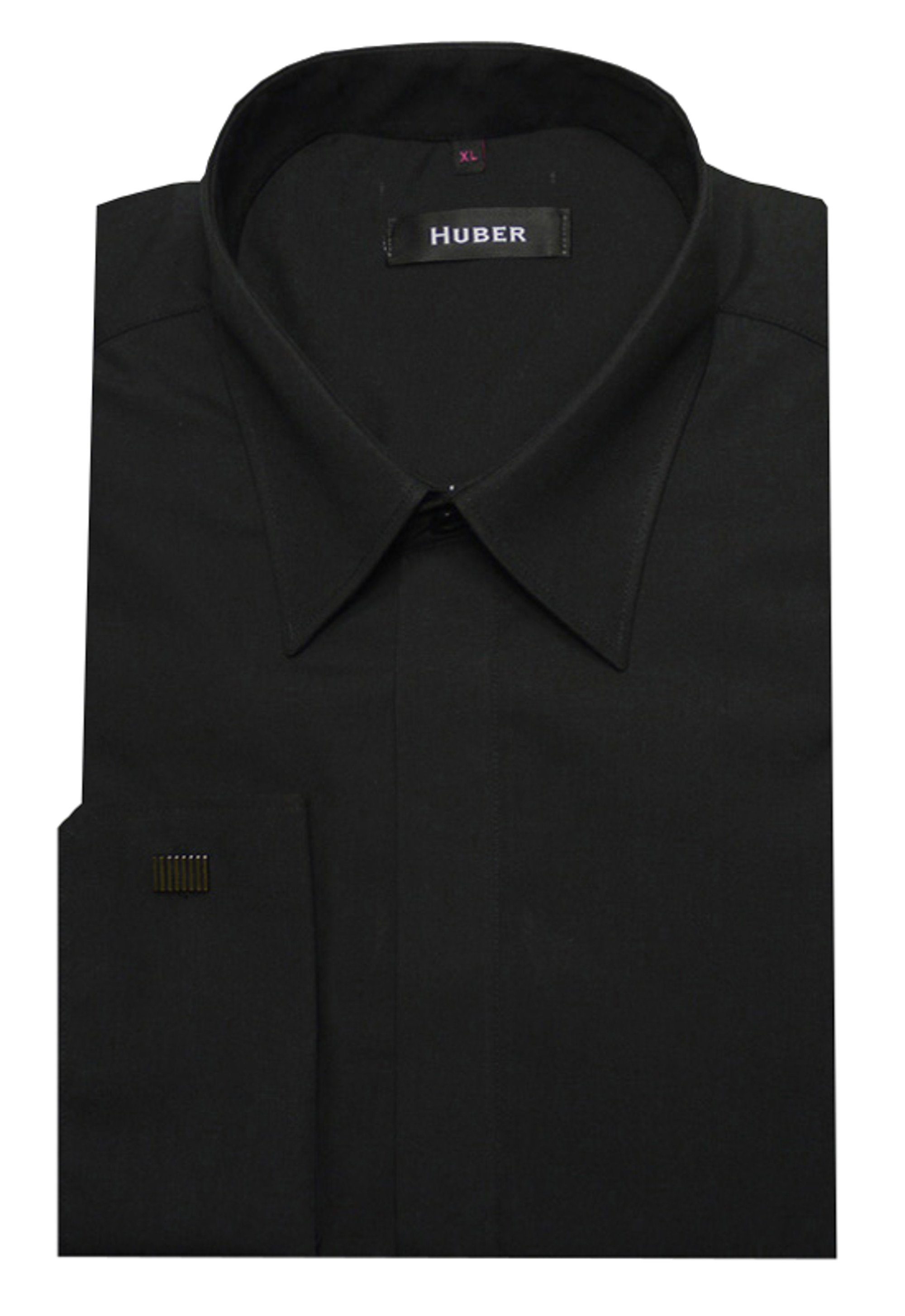 Huber Hemden Langarmhemd Knopfleiste Schnitt Regular HU-0011 Umschlag-Manschetten verdeckte schwarz Fit-gerader