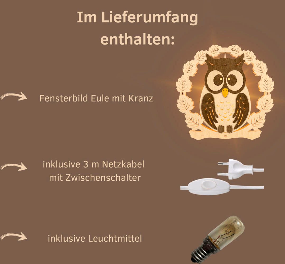 Weigla Beleuchtetes Fensterbild Eule mit Kranz,Fensterdekoration aus Holz, NATUR-BRAUN,Made in Germany, Erzgebirge garantiert, Herbstdeko Innen, Fensterbeleuchtung