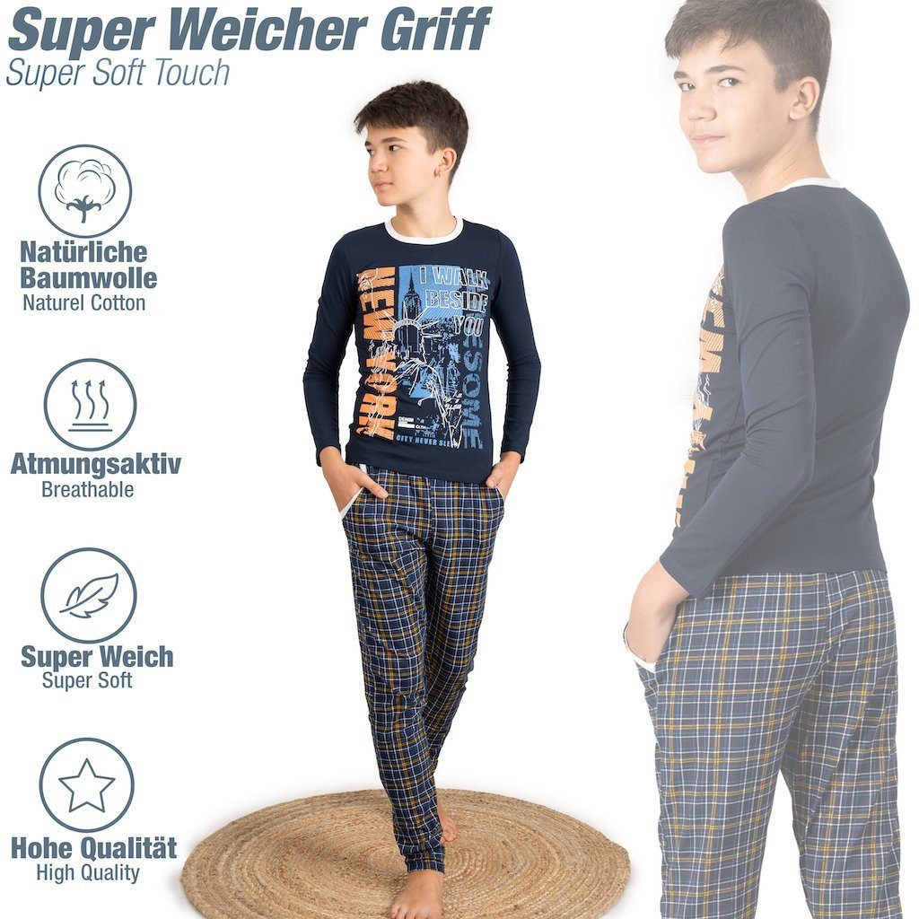 LOREZA Pyjama Jungen Schlafanzug zweiteilig Langarm - New York - Mehrfarbig (Set, 2 tlg) – Bild 5 von 5