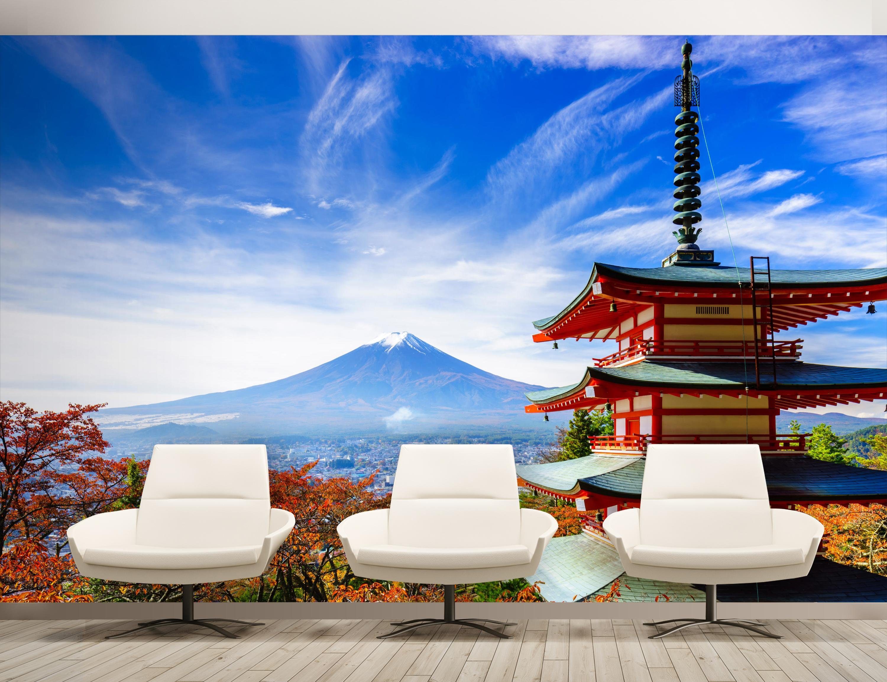 Mount Vliestapete Motivtapete, Wandtapete, glatt, matt, wandmotiv24 Fototapete Pagoda, Fuji-Chureito