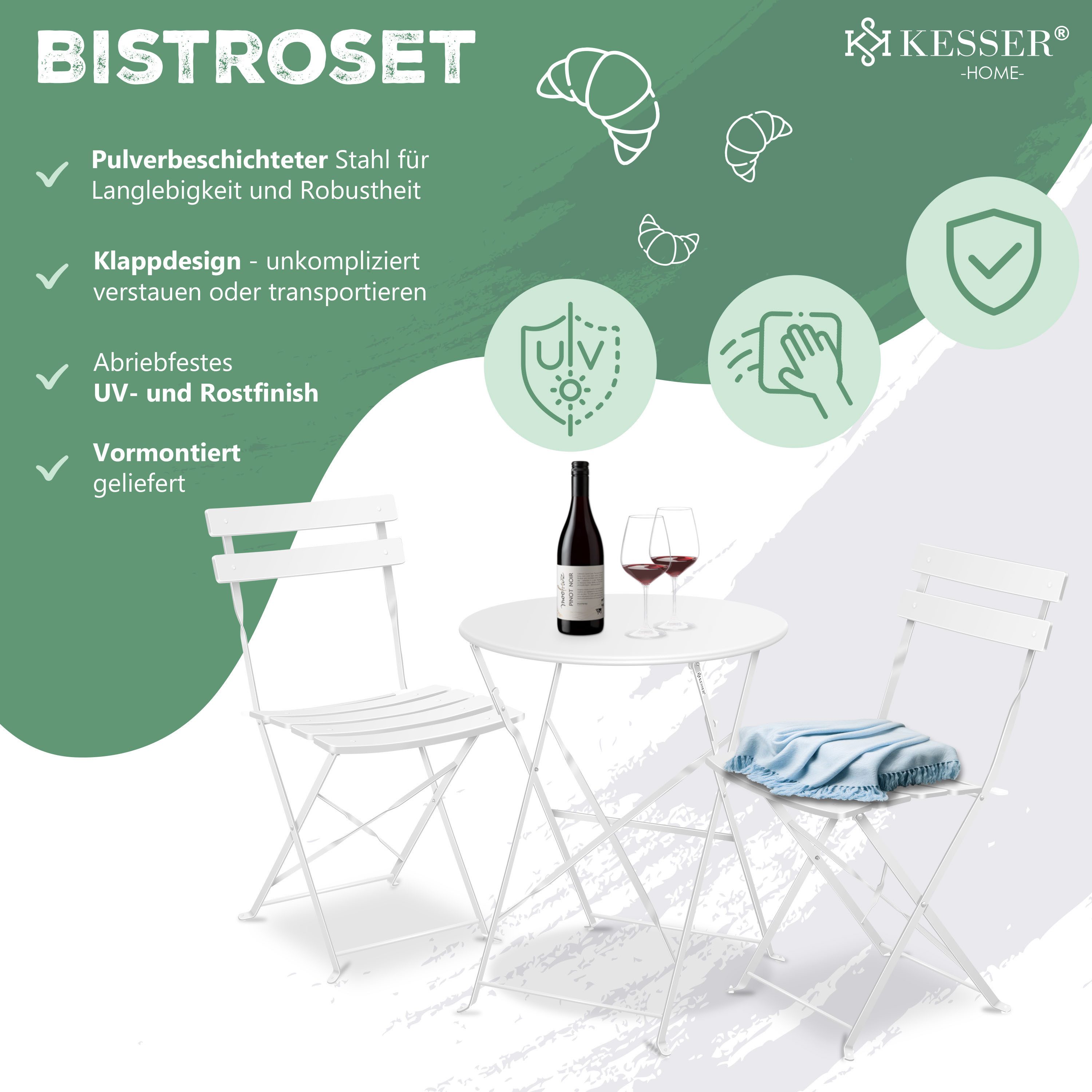 KESSER Bistrotisch, Bistro-Set 3-teilig Bistrotisch mit klappbaren Stühlen