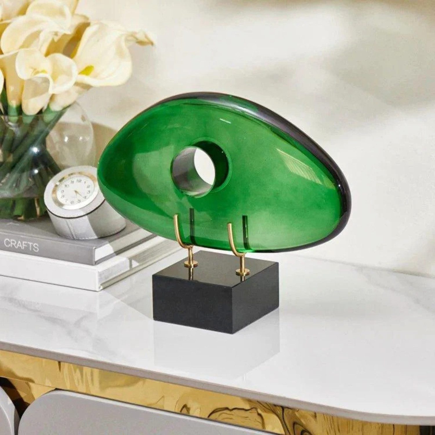 Quality Elegance Deko-Glas Luxuriöse grüne Desktop-Skulptur – Kristall & Marmor