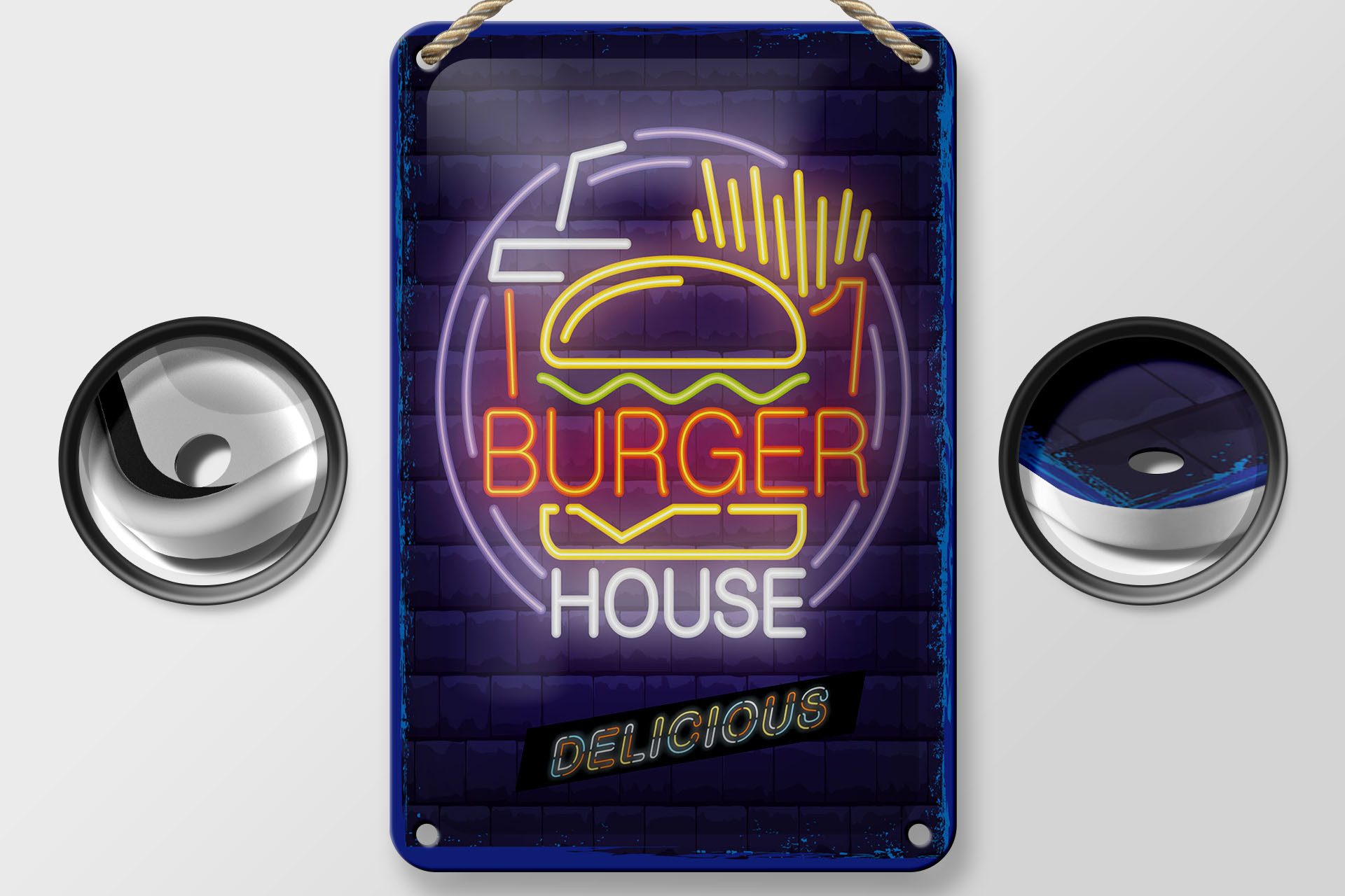 Femer GmbH Metallschild Hinweis 12x18 cm Burger House Delicious Deko Reklame, (1 St), gewölbte Oberfläche, abgerundete Ecken, umgeschlagene Kanten