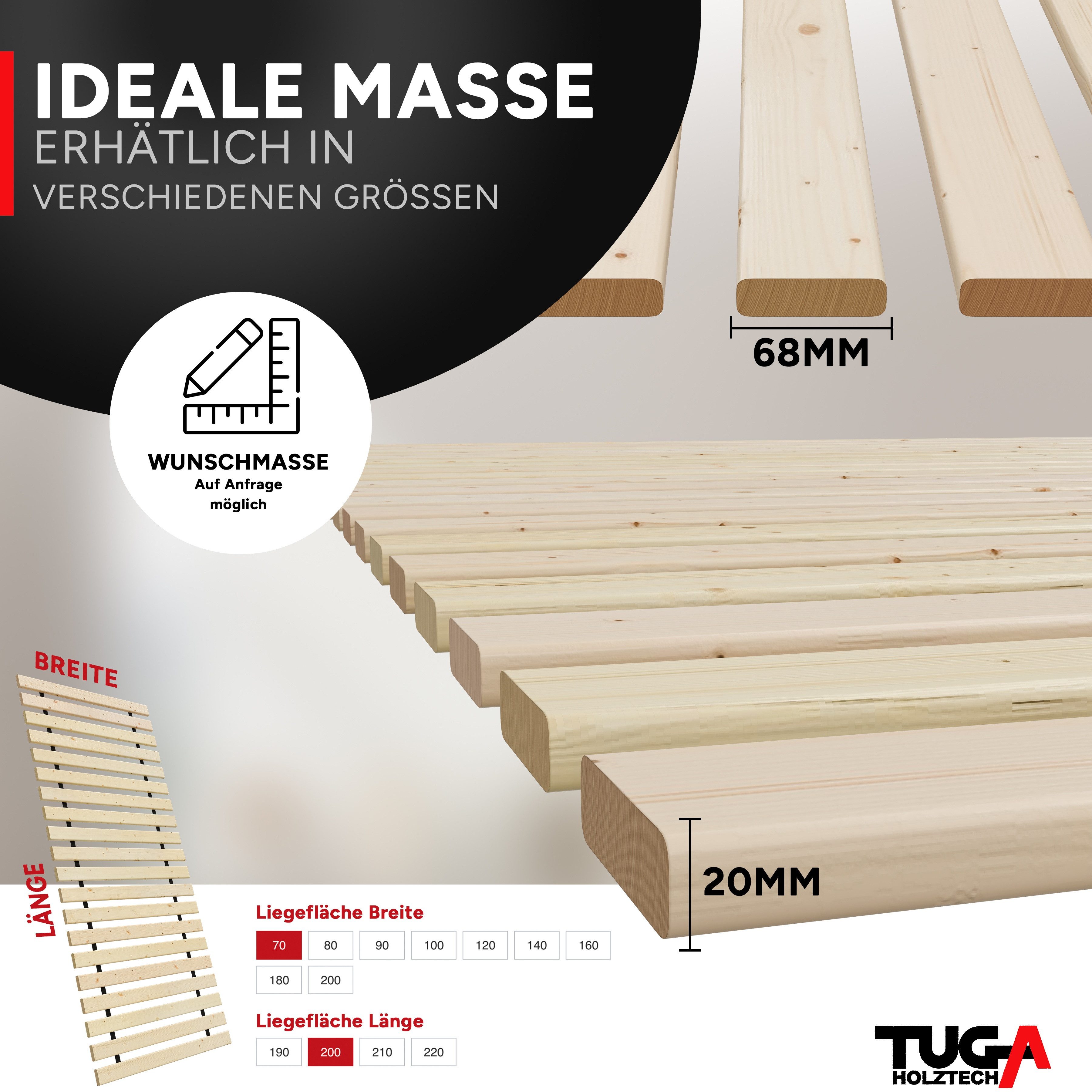 Rollrost Lattenrost Rolllattenrost 100 x 190 cm 20mm 300kg "stabiler Rollrost", TUGA-Holztech, Breite 70 80 90 100 120 140 160 180 200 Länge 140 190 200 210 220