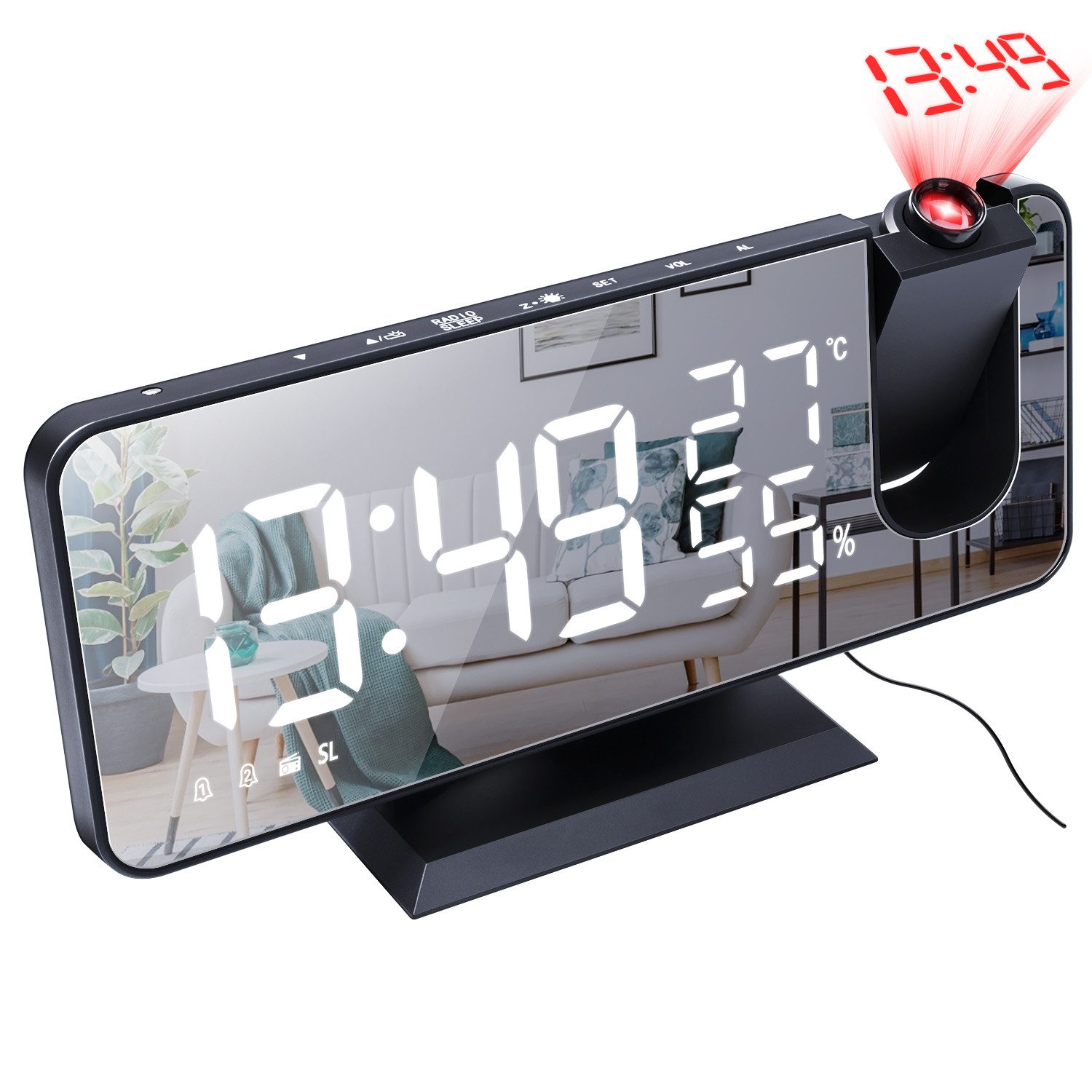Tekoo Radiowecker Projektionswecker mit FM-Radio, Thermometer & USB Automatischer Lichtsensor, Zwei separate Alarme, Schlaf-Timer
