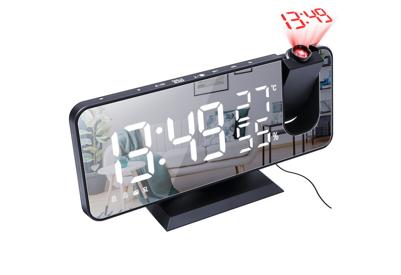 Lisabonde Radiowecker Projektionswecker mit FM-Radio, Thermometer & USB Automatischer Lichtsensor, Zwei separate Alarme, Schlaf-Timer