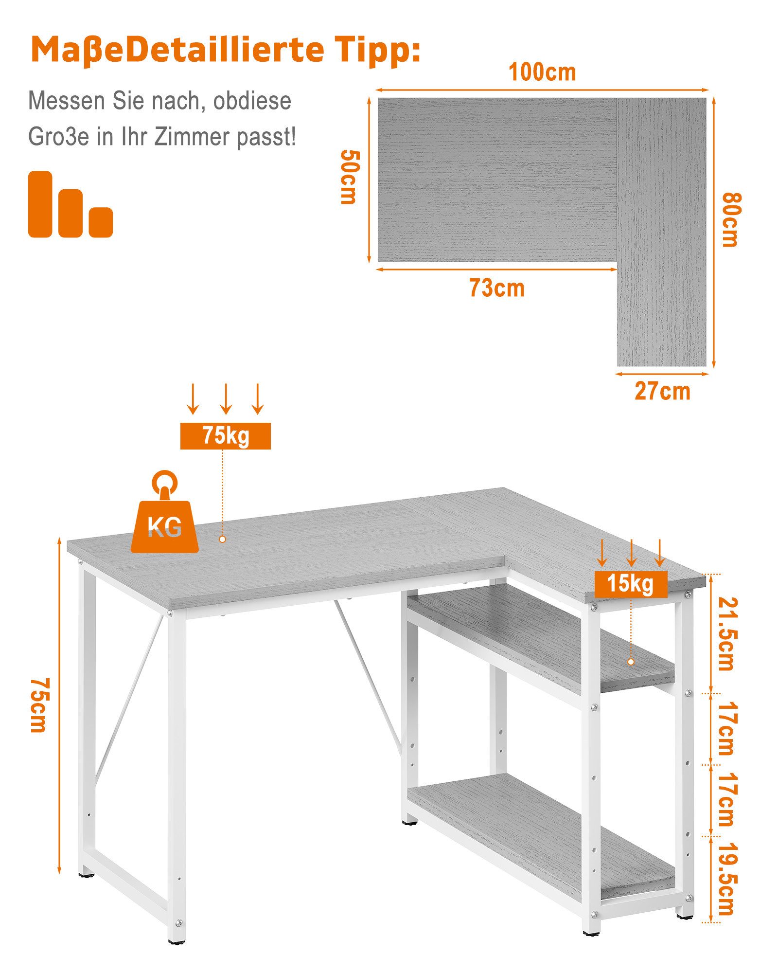 GUNJI Eckschreibtisch Eckschreibtisch Umkehrbarer L-förmiger Computer schreibtisch mit Hutch (Maße: 1 m/1,2 m/1,4 m/1,6 m, Schreibtisch mit verstellbaren Einlegeböden)