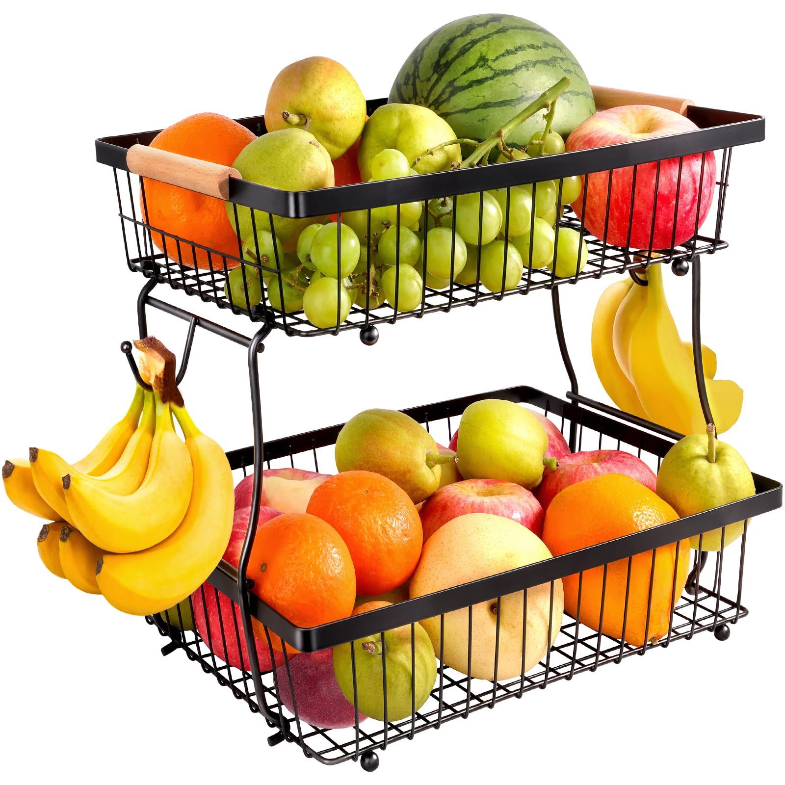 Obstschale 2 Ebenen, Obst Etagere für Küche, Gemüsekorb mit Holzgriff und haken