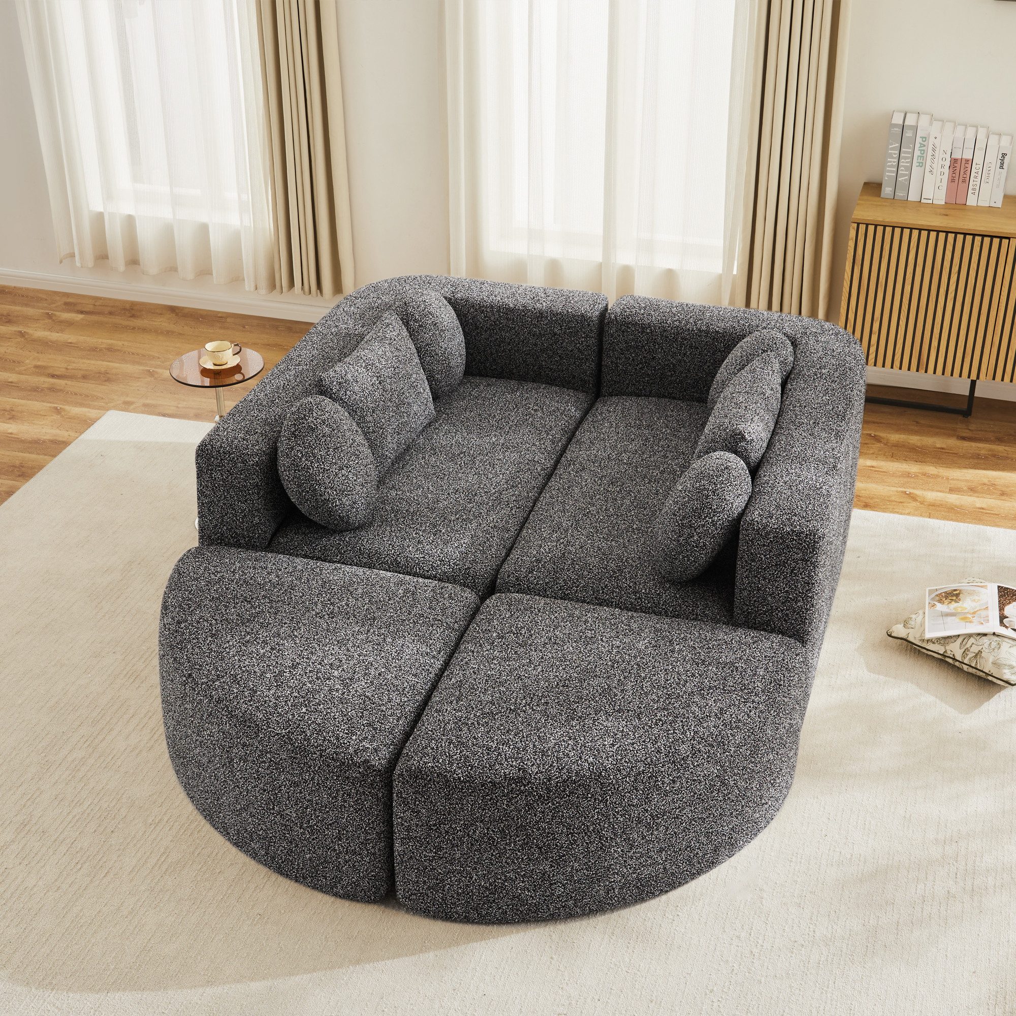 Flieks Sofa Modulare Ecksofa mit Schlaffunktion U-Form, keine Montage erforderlich 4 Teile, Multifunktional Schlafsofa Cloud Couch Chenillestoff Schwarzmischung