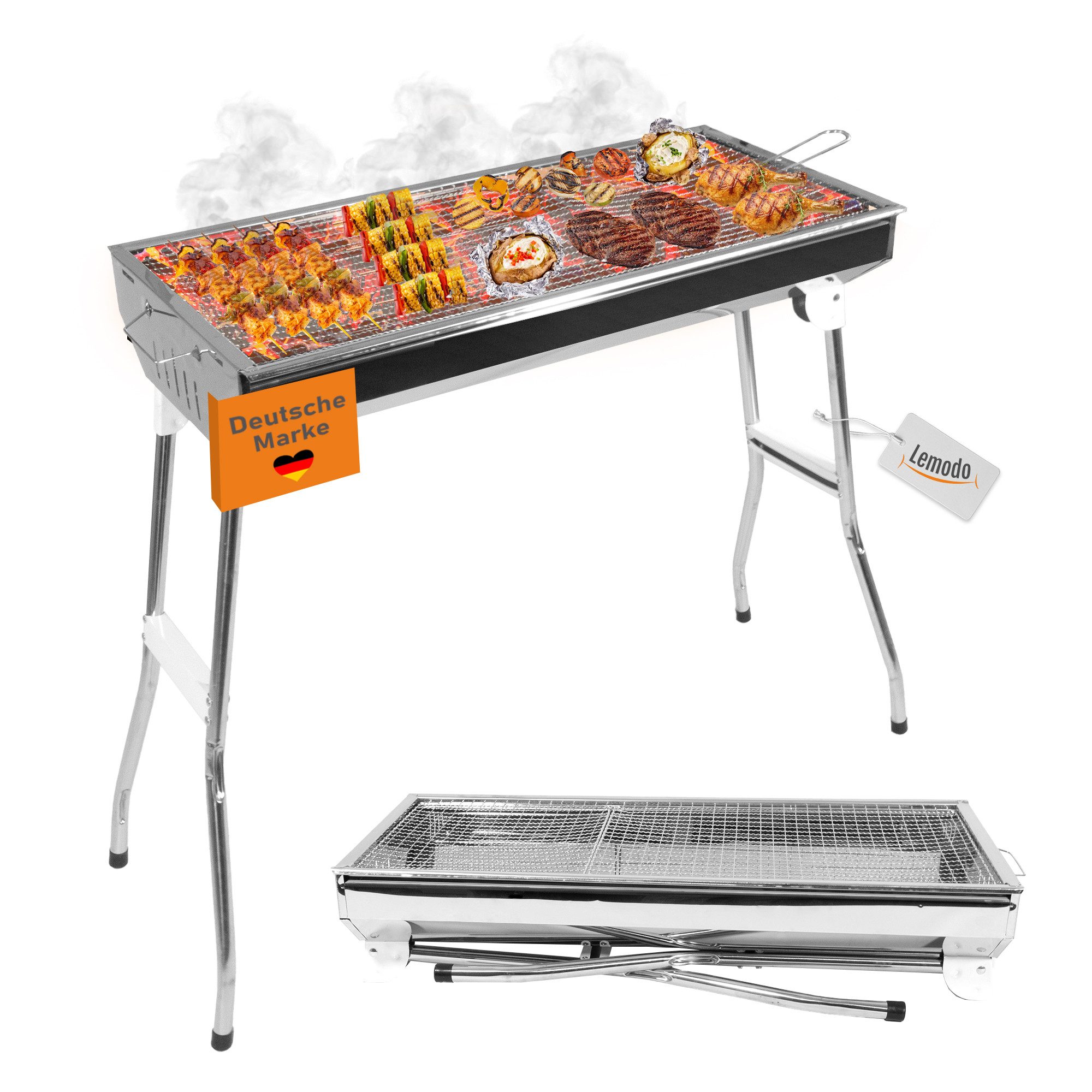 Lemodo Holzkohlegrill klappbar, Campinggrill Edelstahl, Reisegrill für BBQ, klappbar, leicht, LxBxH:94x32x70cm