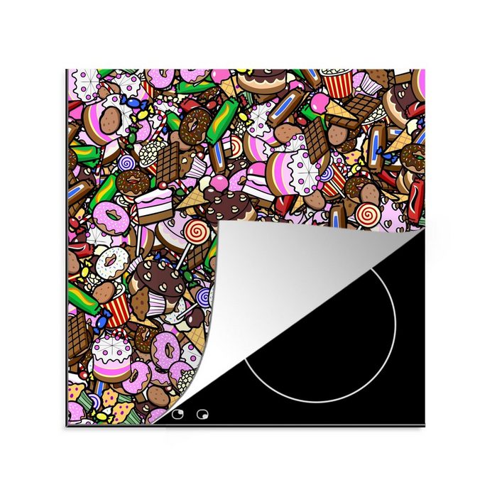 MuchoWow Herdblende-/Abdeckplatte Süßigkeiten - Design - Schokolade - Kuchen - Lutscher - Kinder Vinyl (1 tlg) Ceranfeldabdeckung Arbeitsplatte für küche