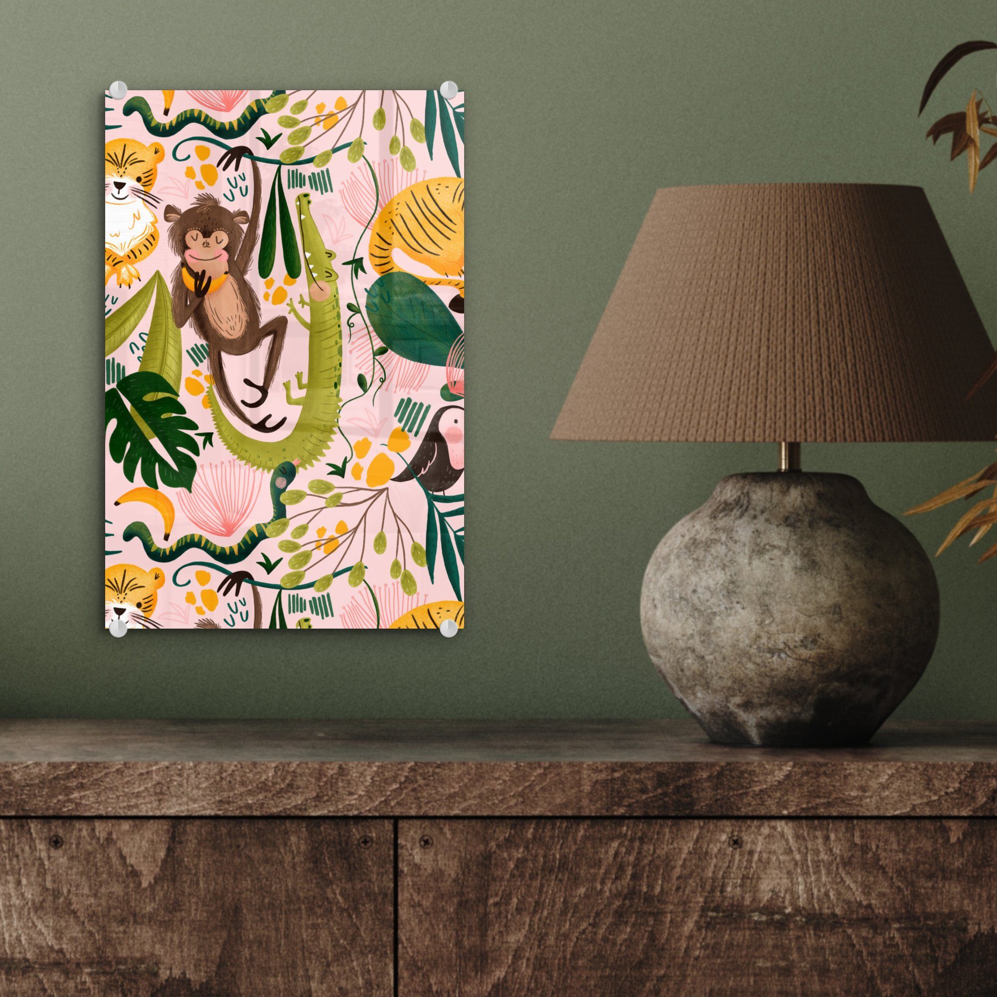 MuchoWow Acrylglasbild St), Wanddekoration Tiere Pflanzen - Rosa, (1 auf Glas Glas Foto Bilder Dschungel - - Wandbild - auf - Glasbilder 