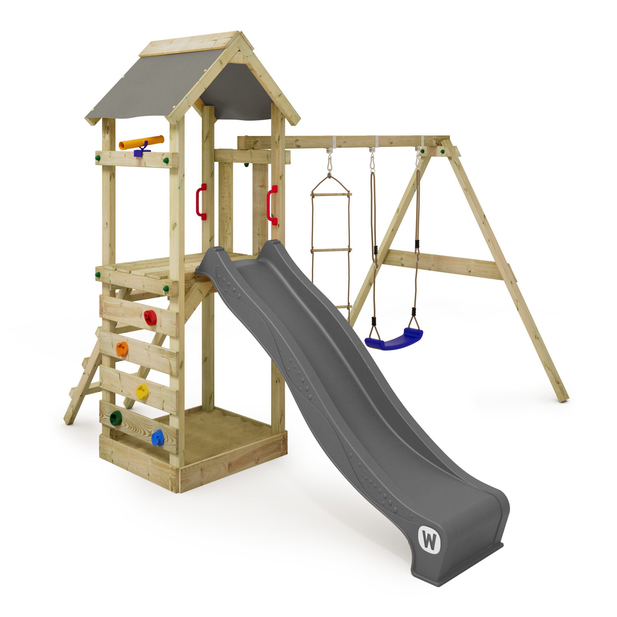Spielturm FreeFlyer – Klettergerüst mit Sandkasten, Rutsche & Kletterwand