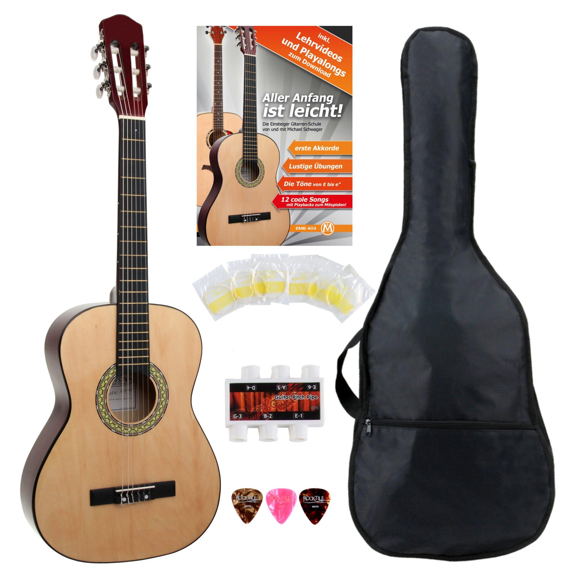 Classic Cantabile Konzertgitarre AS-851 Starter Set, 3/4, mit Gitarre, Tasche, Nylonsaiten, Schule, 3x Plektren und Stimmpfeife