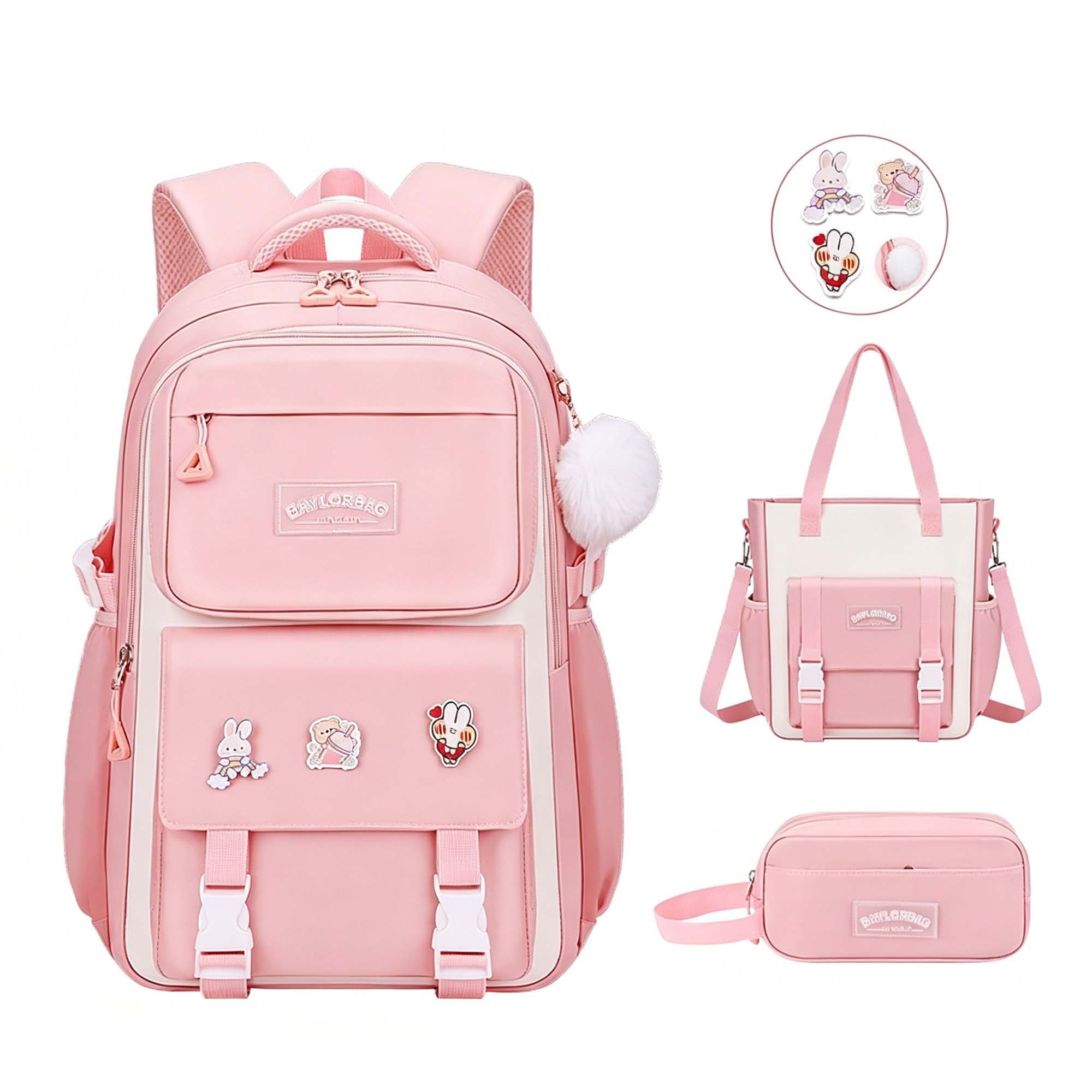 MOPUEA Schulrucksack Schulrucksack 3-teilig Set reflektierend große Kapazität ergonomisch (3-teiliges Set, löst Problem fehlender passender Zubehörteile, Rucksack, Tasche, Mäppchen für organisierten Alltag), Wasserabweisend, bequem, viel Stauraum, reflekt