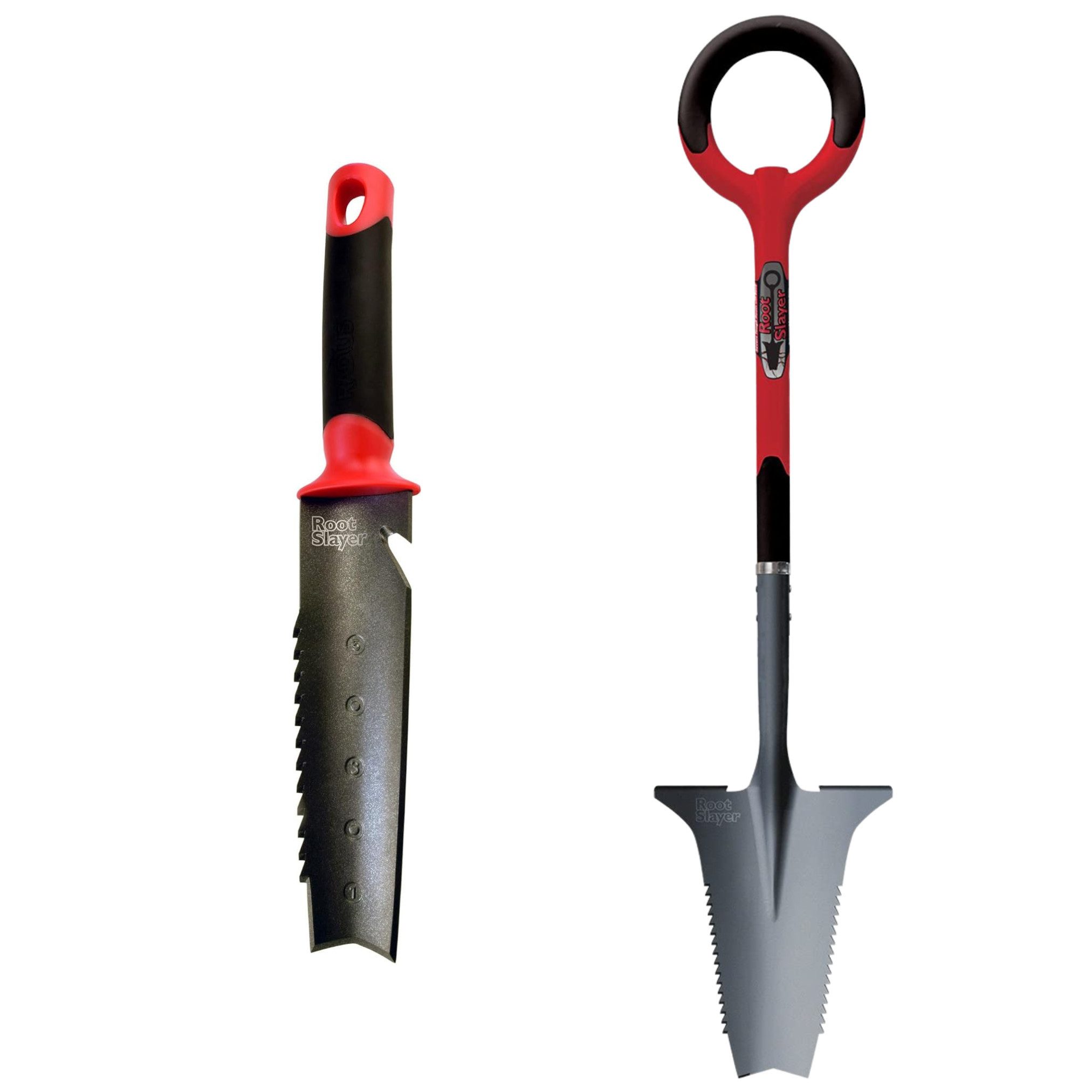 Root Slayer® Spaten Radius Wurzelspaten Mehrzweckschaufel, (Spar Set, 2-St., Wurzelspaten + Unkrautjäter), Multifunktionsspaten, Klinge mit Zähnen zum Schneiden der Wurzeln