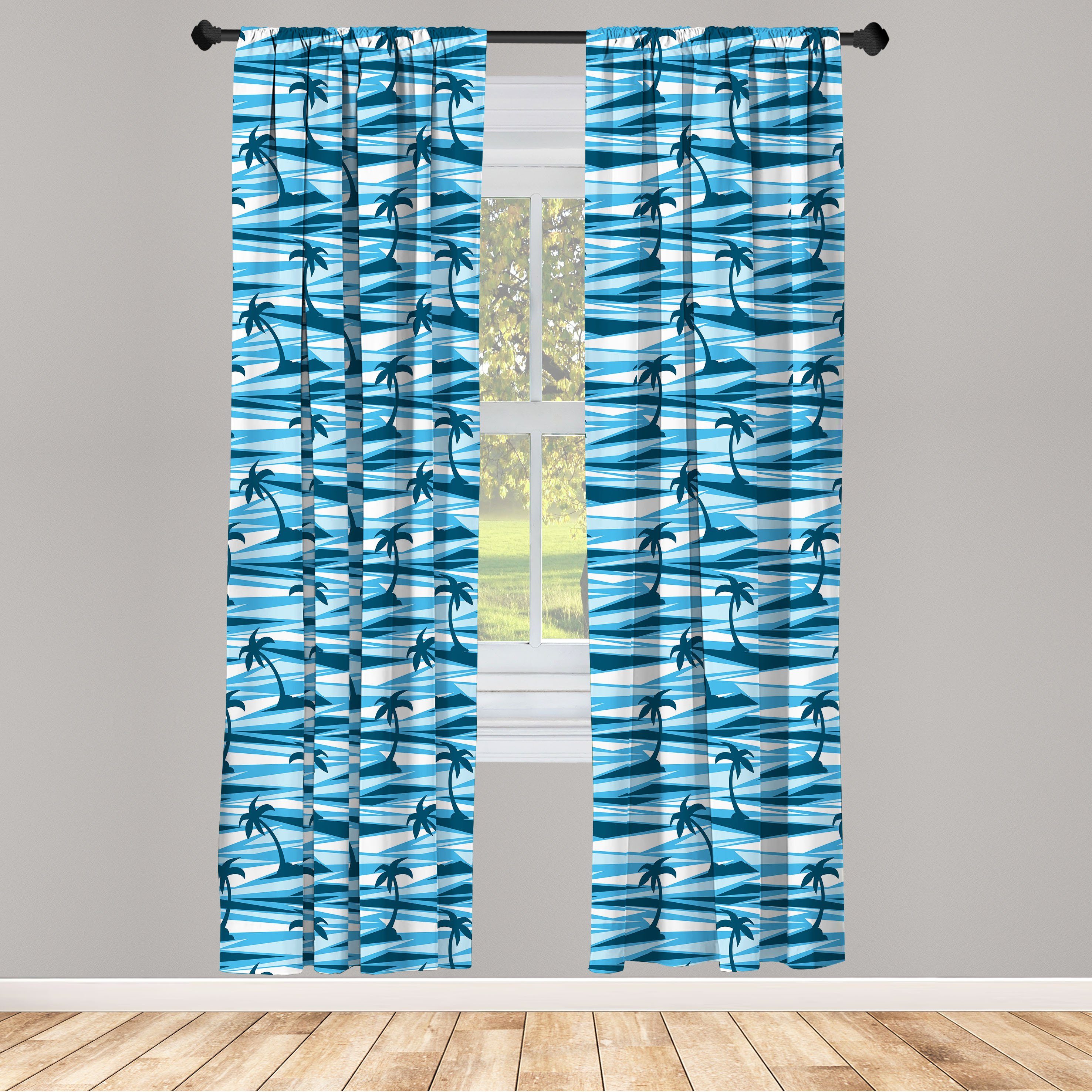 Gardine Vorhang für Wohnzimmer Schlafzimmer Dekor, Abakuhaus, Microfaser, Insel Blau Monochrom Palm und Meer | Fertiggardinen