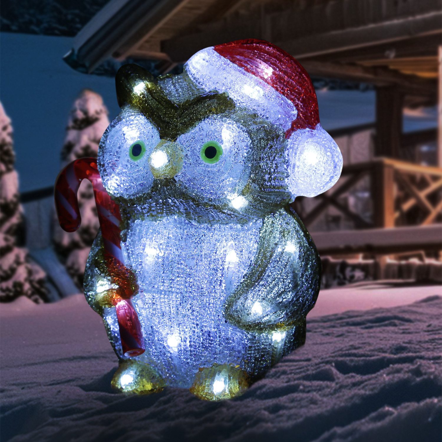 MARELIDA LED Dekofigur LED Eule mit Zuckerstange Acrylfigur Außen Weihnacht günstig online kaufen