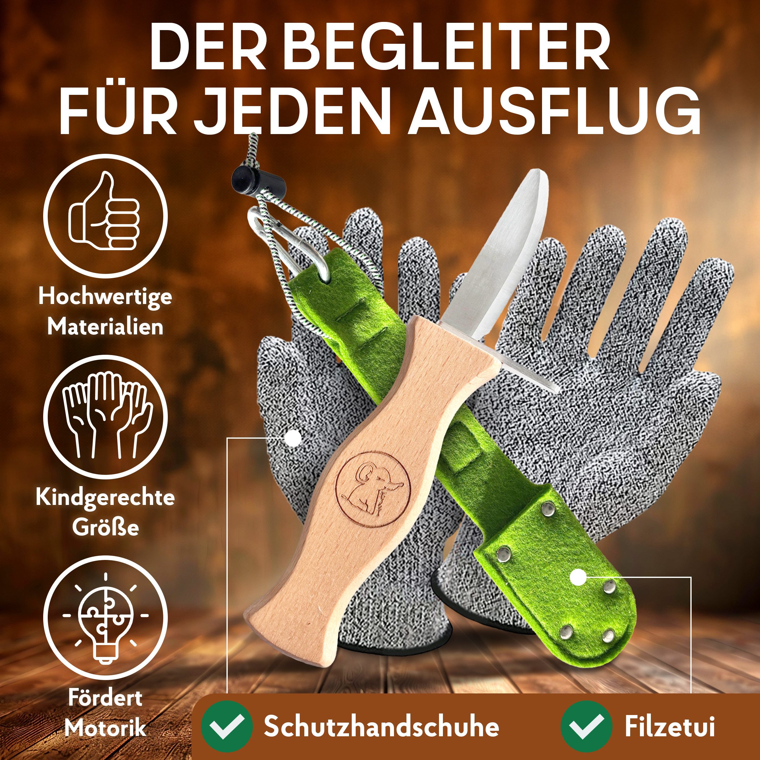 Eli Taschenmesser Schnitzmesser Kinder - Kindermesser mit Filztasche Kindertaschenmesser, (Schnitzwerkzeug - Outdoor Messer, 3 St., Kinderschnitzmesser - Griffe aus Buchenholz), inkl. schnittfeste Handschuhe - Beidhändig - rostfreier Stahl