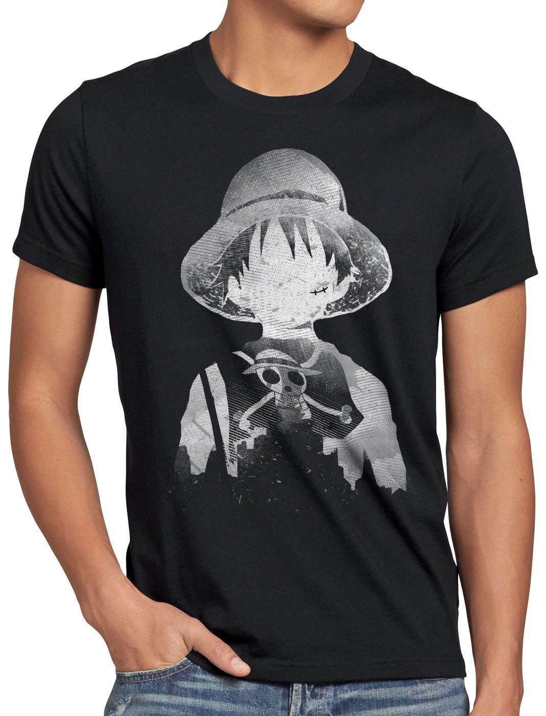 style3 T-Shirt Silhouette Print-Shirt Herren Manga Ruffy Strohhut piratenband