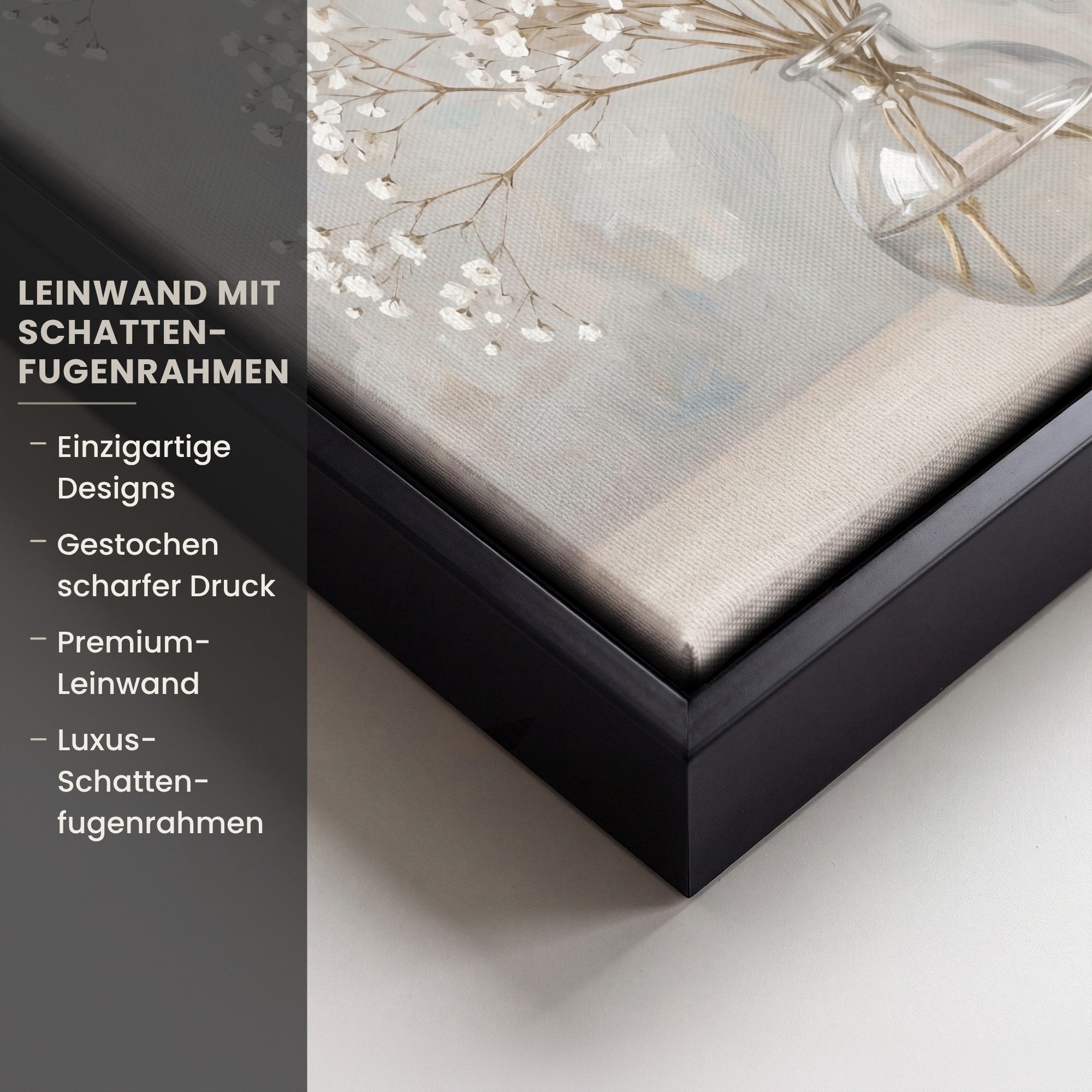 OneMillionCanvasses® Leinwandbild mit Rahmen - Vase - Gipskraut - Weiß, Fotodruck (1 St), Leinwand Bilder Klein, Wand Dekoration Aesthetic 20x20cm – Bild 3 von 5
