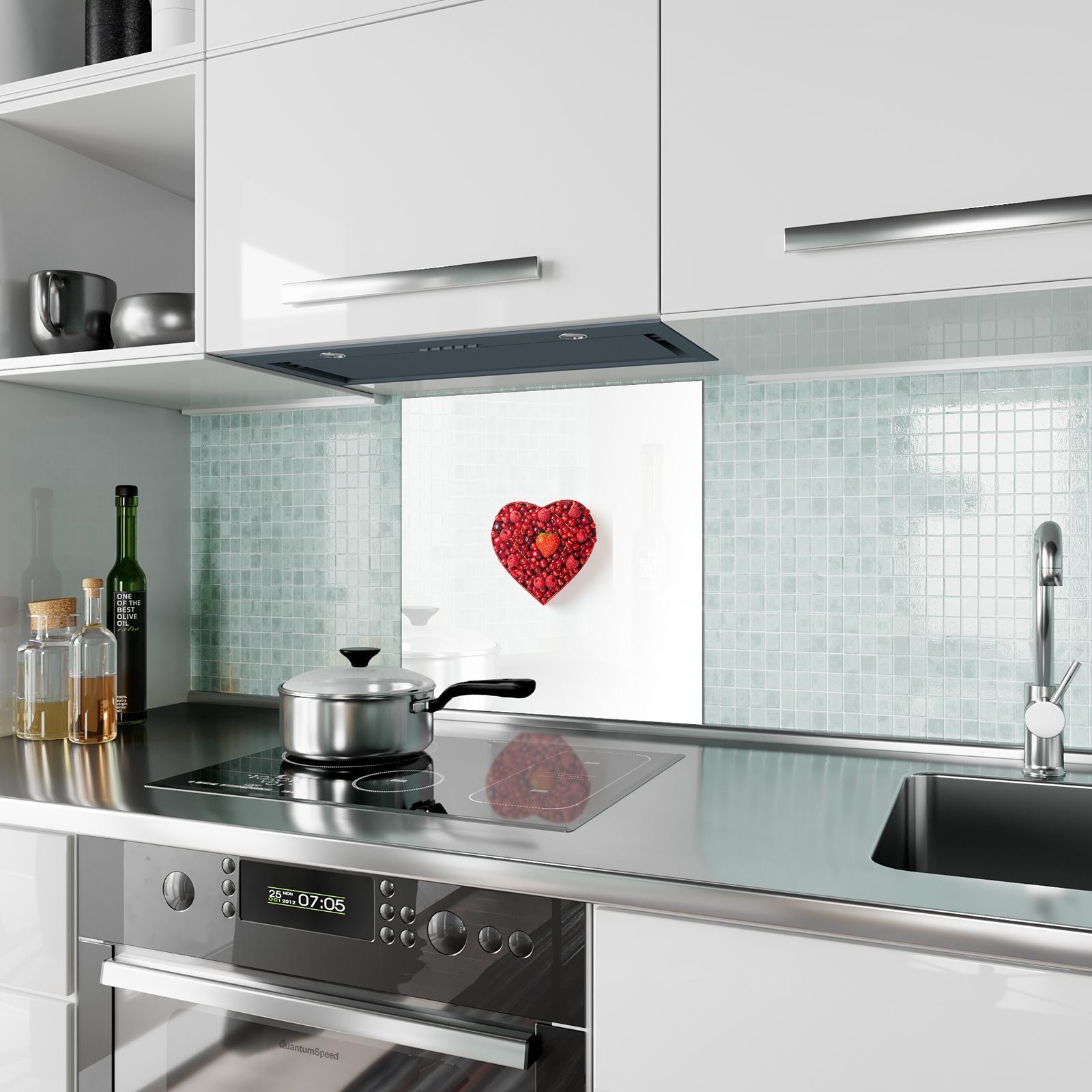 Primedeco Küchenrückwand Spritzschutz Erdbeere Herz Beeren aus und Glas