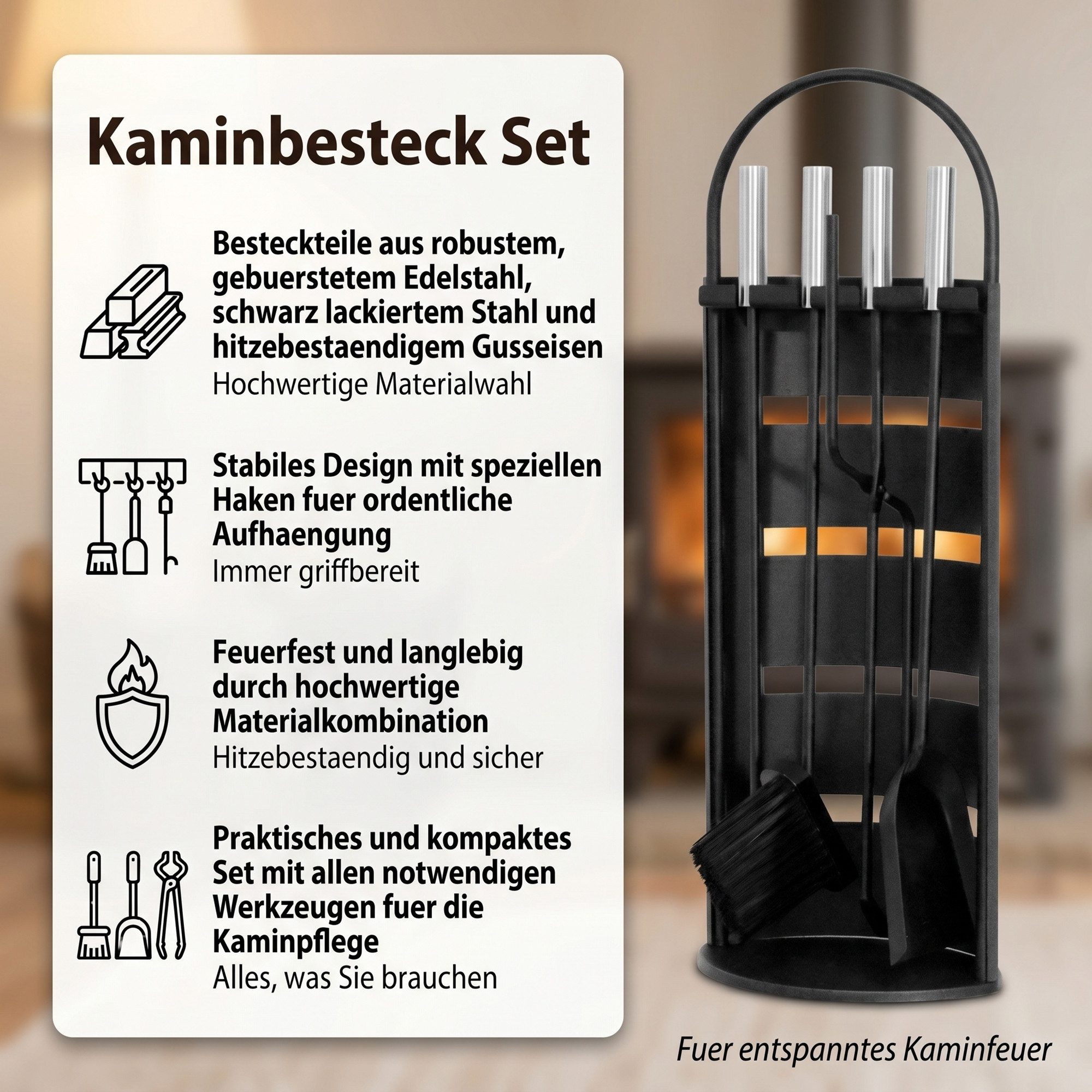 Mucola Kamingarnitur Kaminreinigungs Set 6-tlg. Kaminbesteck Kaminwerkzeuge Ständer, (Set, 6-teiliges), inkl. Ständer, Schürhaken, Ascheschaufel, Besen, Zange Handschuhe