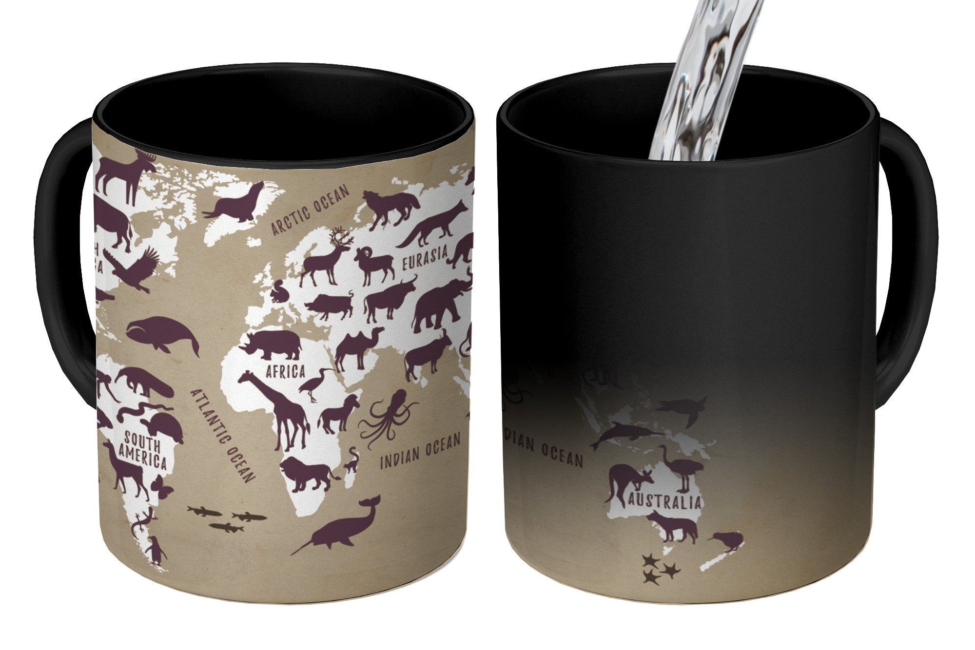 MuchoWow Tasse Weltkarte - Tiere - Schatten, Keramik, Farbwechsel, Kaffeetassen, Teetasse, Zaubertasse, Geschenk