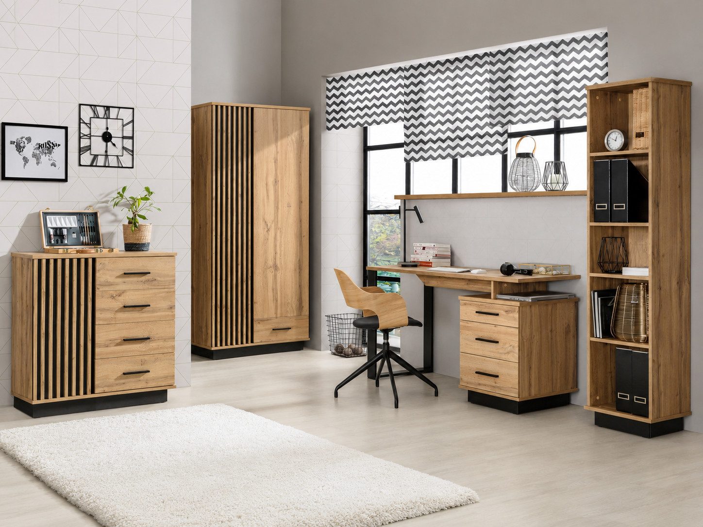 Beautysofa Jugendzimmer-Set LAMELO im modernen Loft-Stil, (Holzoptik mit schwarzen Details, Set 4-teilig: Kleiderschrank, Bücherregal, Schreibtisch und Kommode), Möbelset fürs Büro