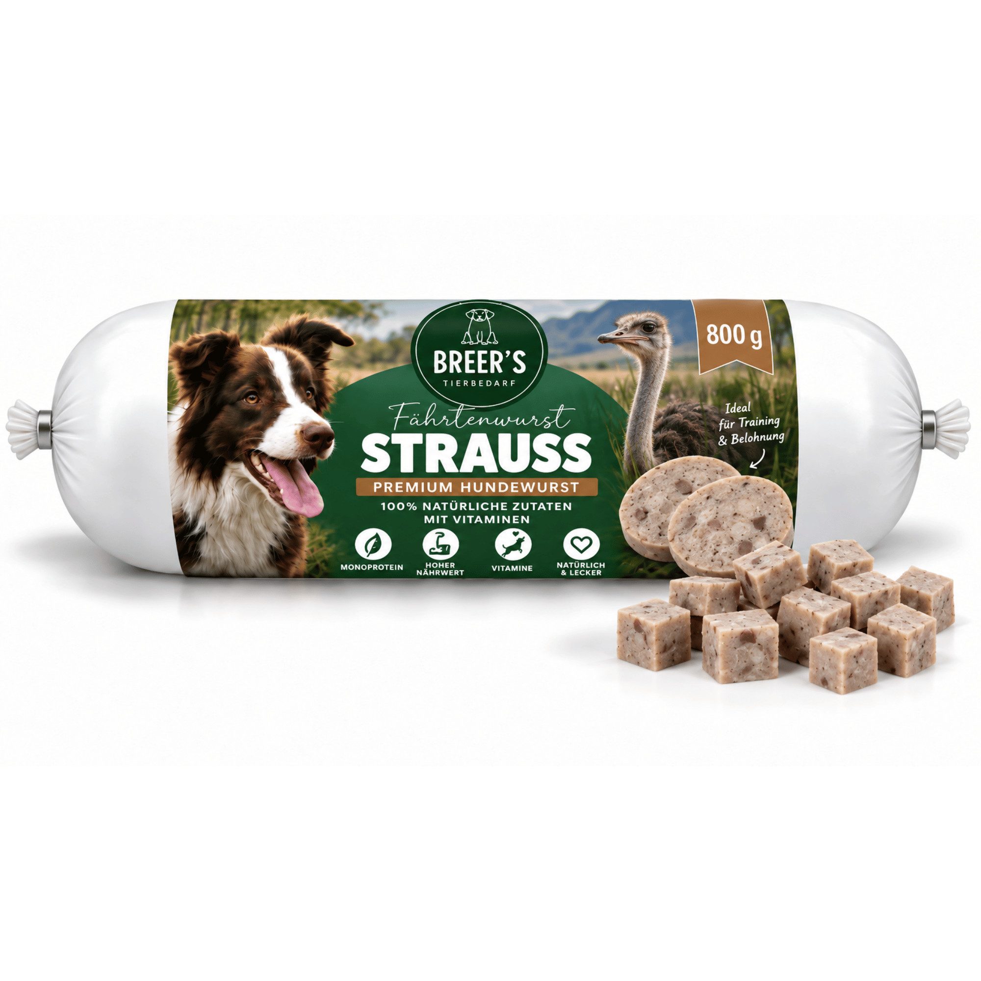 Breers Pet Food Hundewurst Strauss 800 Gramm Strauß, Snack für: Hund, Trainingssnack Hund, Monoproteinfleisch, exotisch, schnittfest