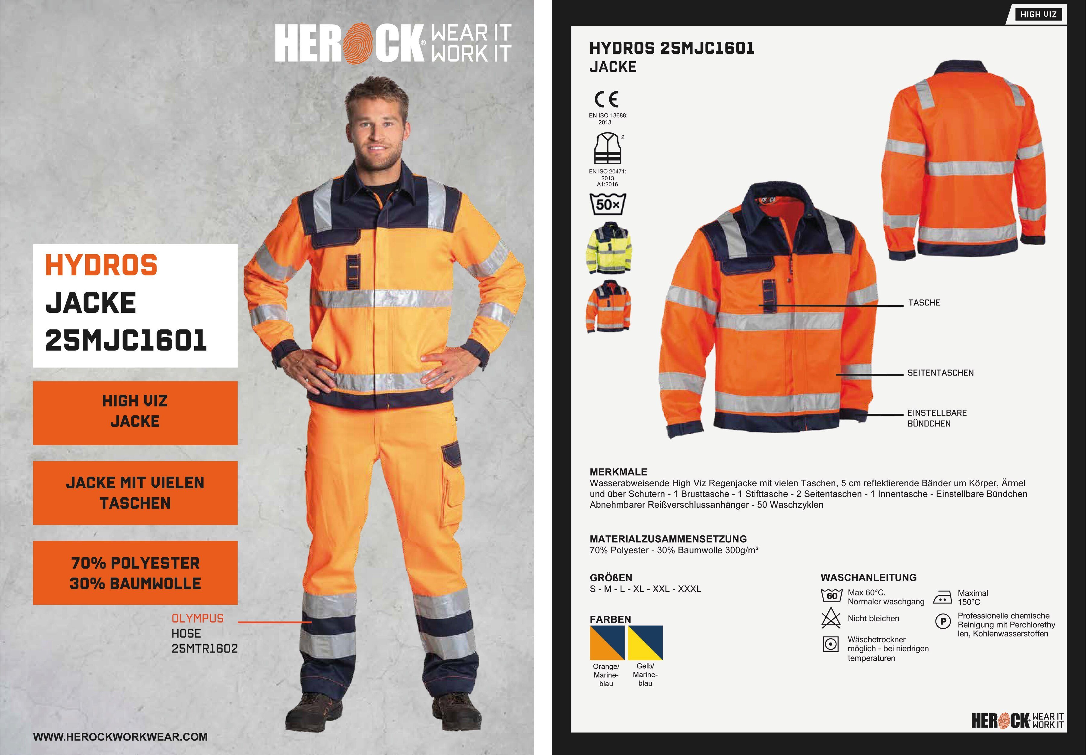 Hochwertig, Bündchen, Taschen, Hochsichtbar orange reflektierende Hydros Arbeitsjacke eintellbare Bänder Jacke 5cm Herock 5