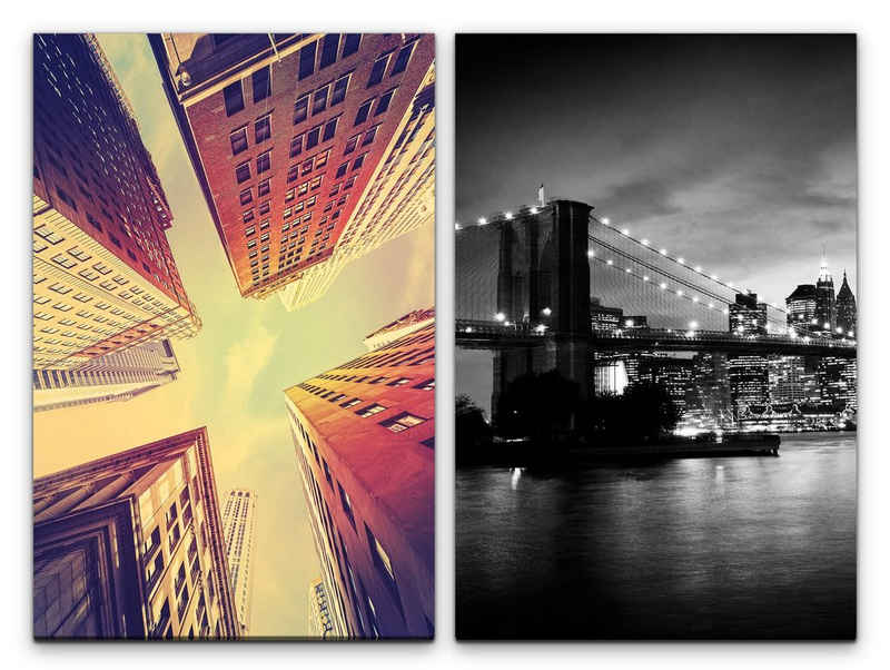 Sinus Art Leinwandbild 2 Bilder je 60x90cm Brooklyn Bridge New York Wolkenkratzer Nacht Architektur Großstadt USA