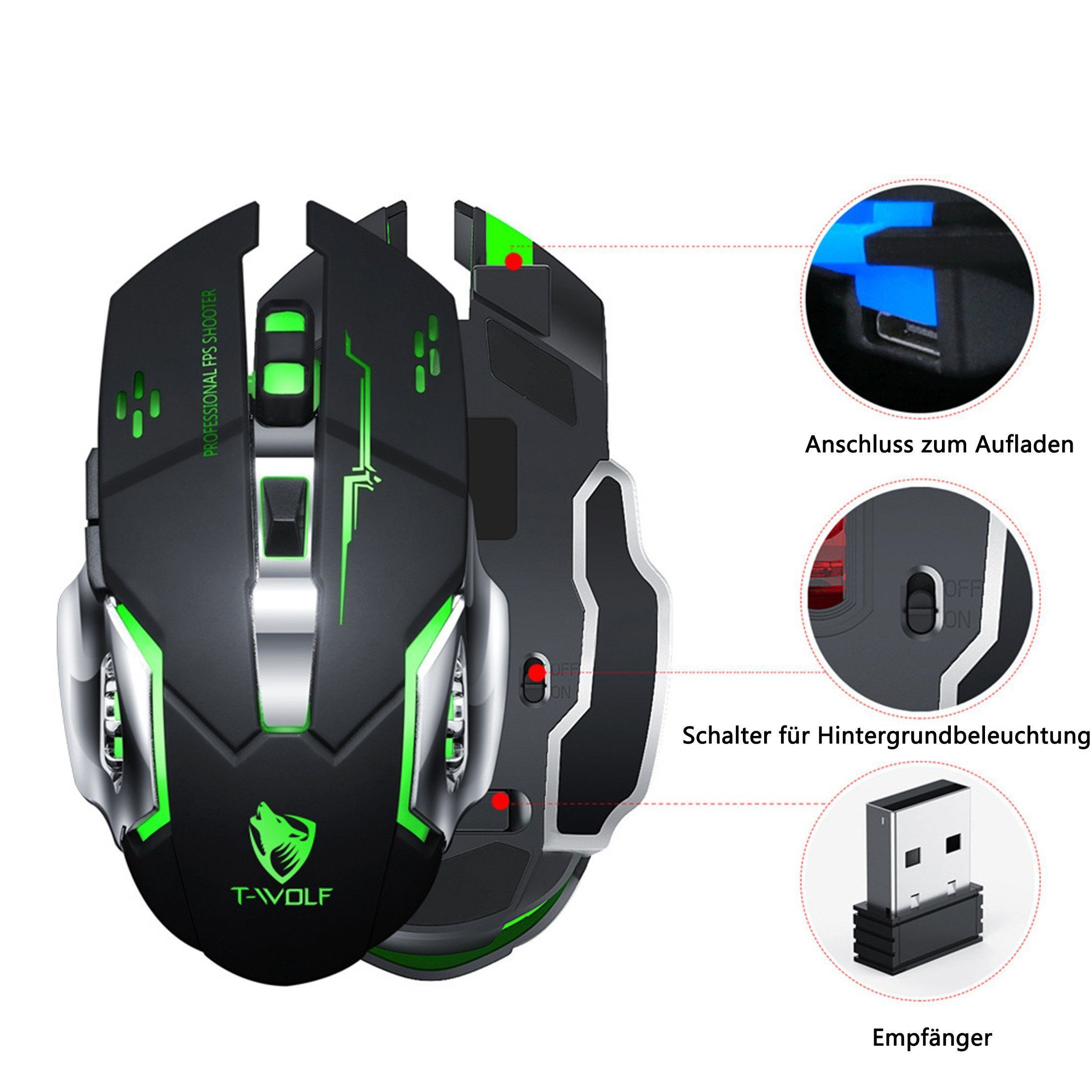 KINSI Gaming-Maus,Kabellose Maus,Stumm,Wiederaufladbar,2.4GHz Maus (3-stufige DPI-Einstellung)