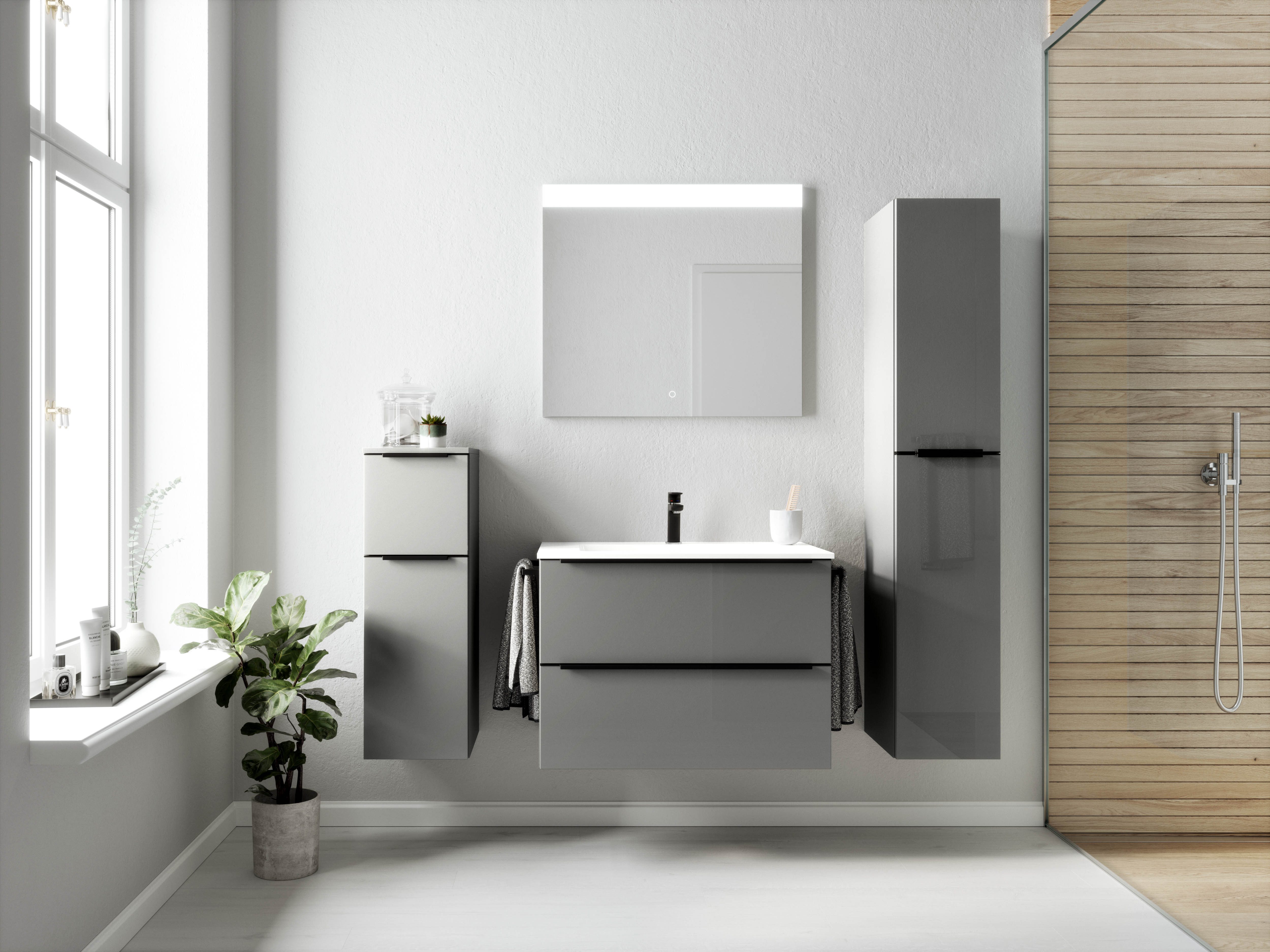 nobilia® Badmöbel-Set Levere, (4-St., vormontiert, mit Soft-Close), Hochglanz, inkl. Spiegel mit Touch-Sensor, in vier Breiten