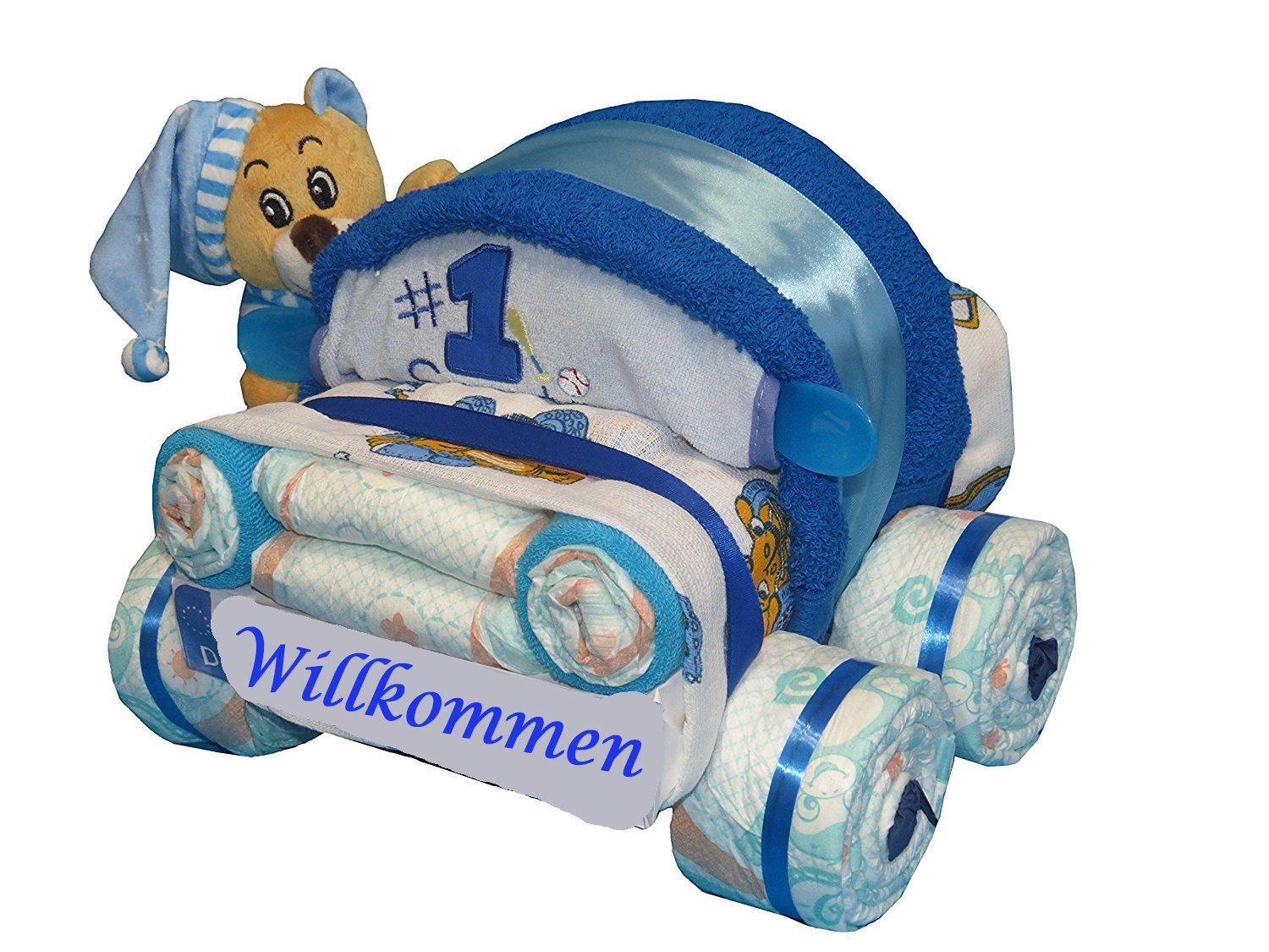 mit Babygeschenk blau, Windeln Geschenketorten-Gebhardt Windeltorte, Kleines Windelauto Schlafbär