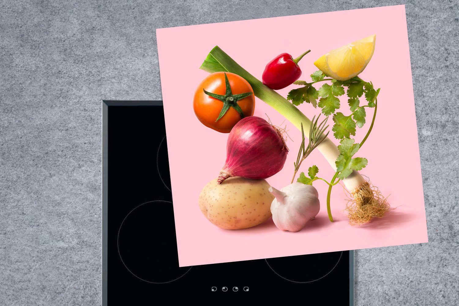 cm, - Ceranfeldabdeckung, Gemüse - (1 MuchoWow küche tlg), Rosa, Vinyl, 78x78 für Arbeitsplatte Lebensmittel Herdblende-/Abdeckplatte