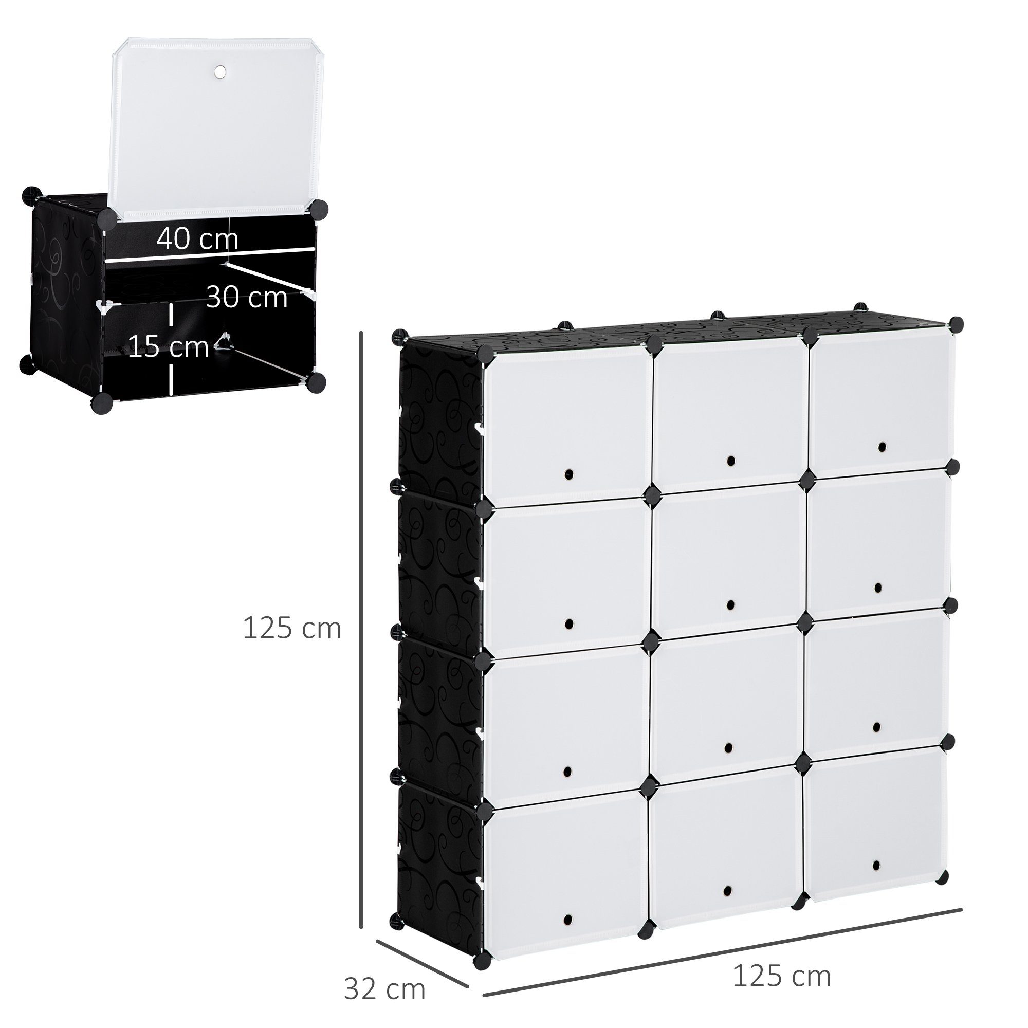 HOMCOM Kommode DIY Regalsystem mit 12 Würfeln (Aufbewahrungsregal, 148 St., DIY-Würfelregal), Kunststoff Stahl Schwarz+Weiß 125 x 32 x 125 cm