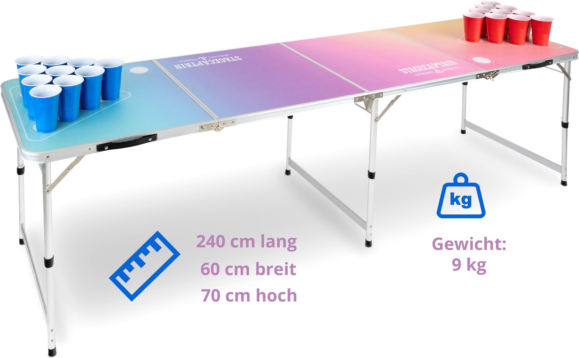 Stagecaptain Spieltisch Stagecaptain Beer Pong Tisch "Club", (Inkl. 100 Becher und 6 Bälle, 3-tlg), Schnell aufgebaut und kompakt beim Transport