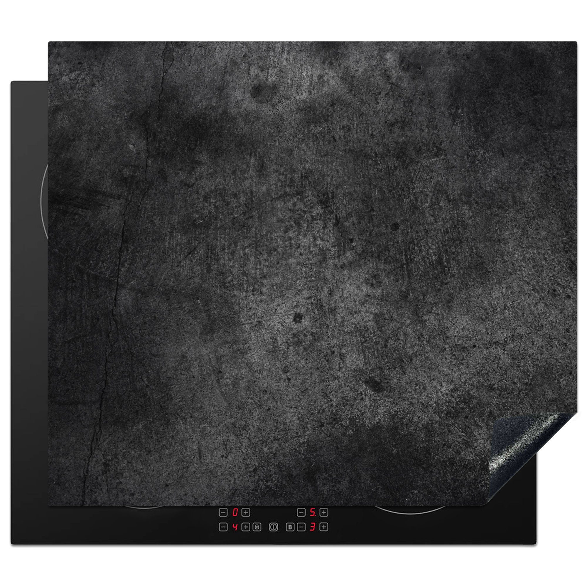 Herdblende-/Abdeckplatte Rustikal, Induktionsherd, 58x51 Vinyl, für Strukturiert Schwarz tlg), (1 - - - Beton cm, - Grau MuchoWow - Küchen Retro Dekoration Induktionskochfeld