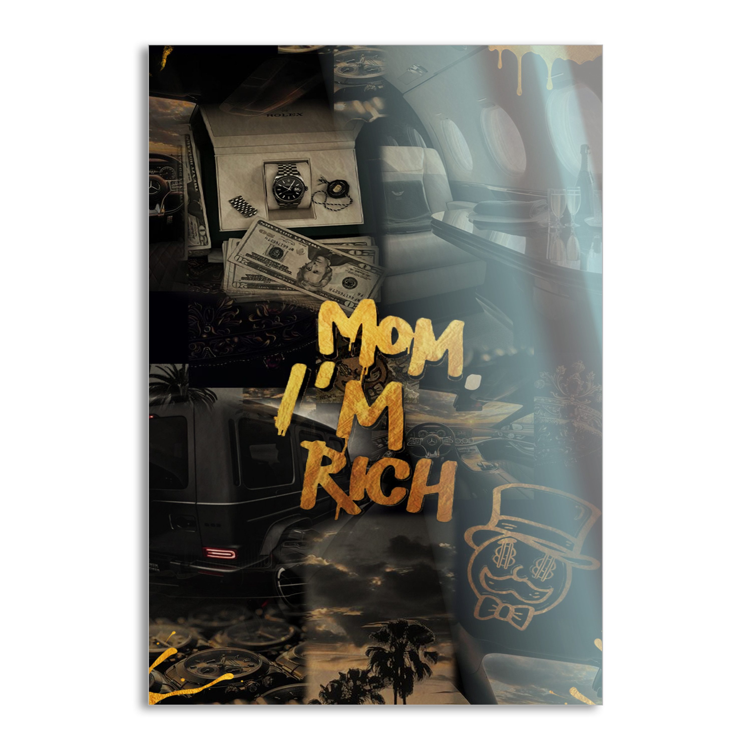 SimpleCanvas Wanddekoobjekt Mom I am rich - Leinwandbild Motivation, Wandbild Reich, Gold, Luxuriös