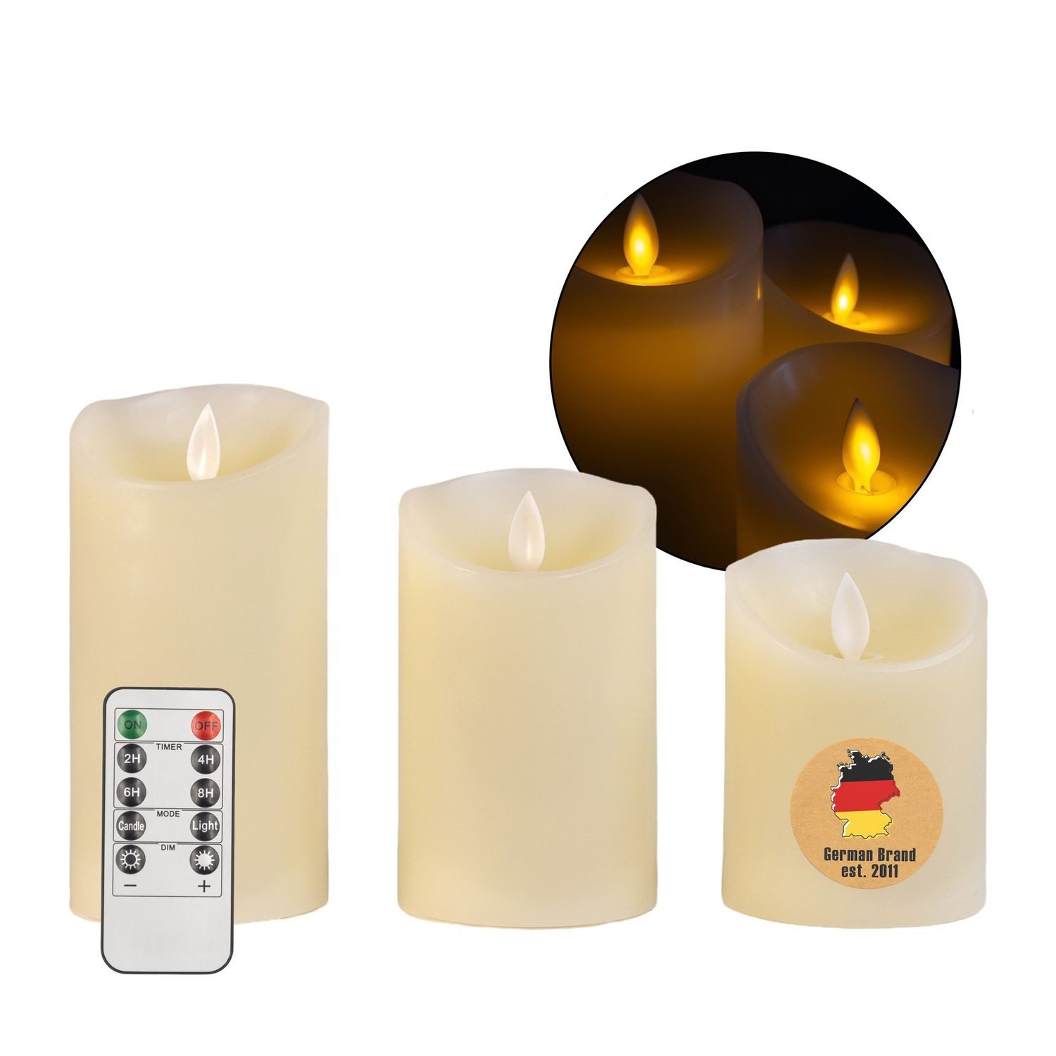 Intirilife LED-Kerze (Set, 3-tlg., 3x Led Kerzen, 1x Fernbedienung), 3x LED Kerzen aus Wachs - 7.5 x 15 / 12.5 / 10 cm mit Fernbedienung
