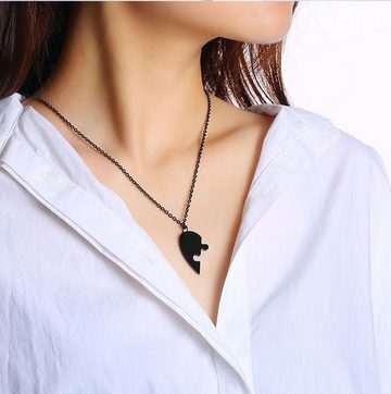 Sanixa Kette mit Anhänger Partnerkette Herz schwarz - Freundschaftskette Halskette, Herzkette Liebe Puzzle-Kette Anhänger