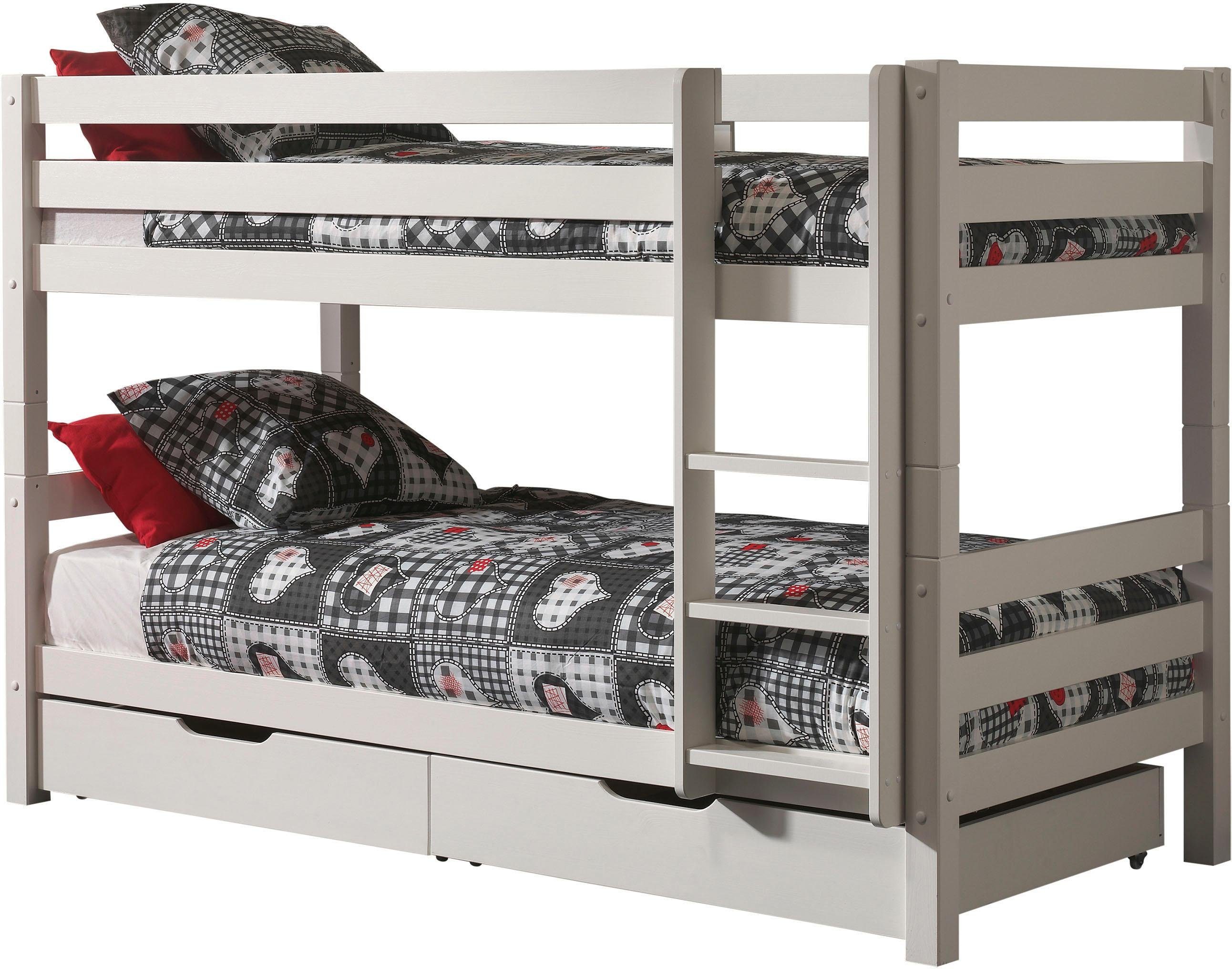 Vipack Etagenbett Pino, Kiefer massiv, sehr standfest, Made in Europe (B/H/T ca. 210x140x105cm, inkl. Rolllattenroste, Absturzschutz), inkl. Leiter und 2 Schubladen, wahlweise Ausf. Weiß oder Natur