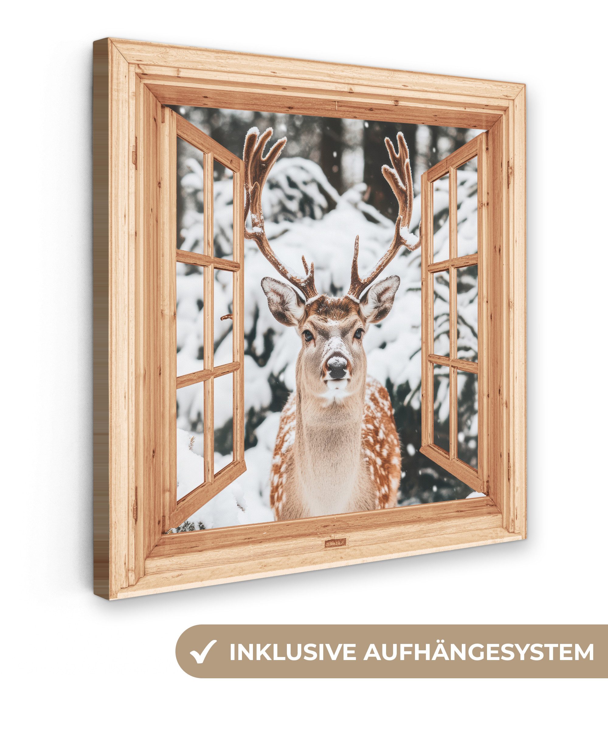 OneMillionCanvasses® Leinwandbild Fensterblick - Fenster - Hirsche - Schnee - Winter - Wald - Tiere, Fotodruck (1 St), Wandbild, Deko Schlafzimmer Wohnzimmer Flur 20x20 cm