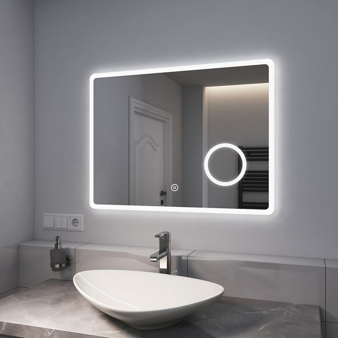 EMKE Badspiegel Badspiegel mit Beleuchtung LED Wandspiegel Badezimmerspiegel, mit Vergrößerung, Touchschalter, Kaltweißes Licht (Modell M)